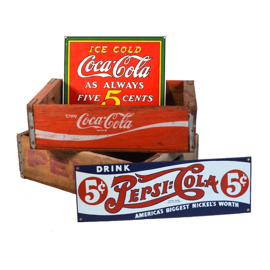 Pepsi and Coca Cola Crates and Signs, Vintage