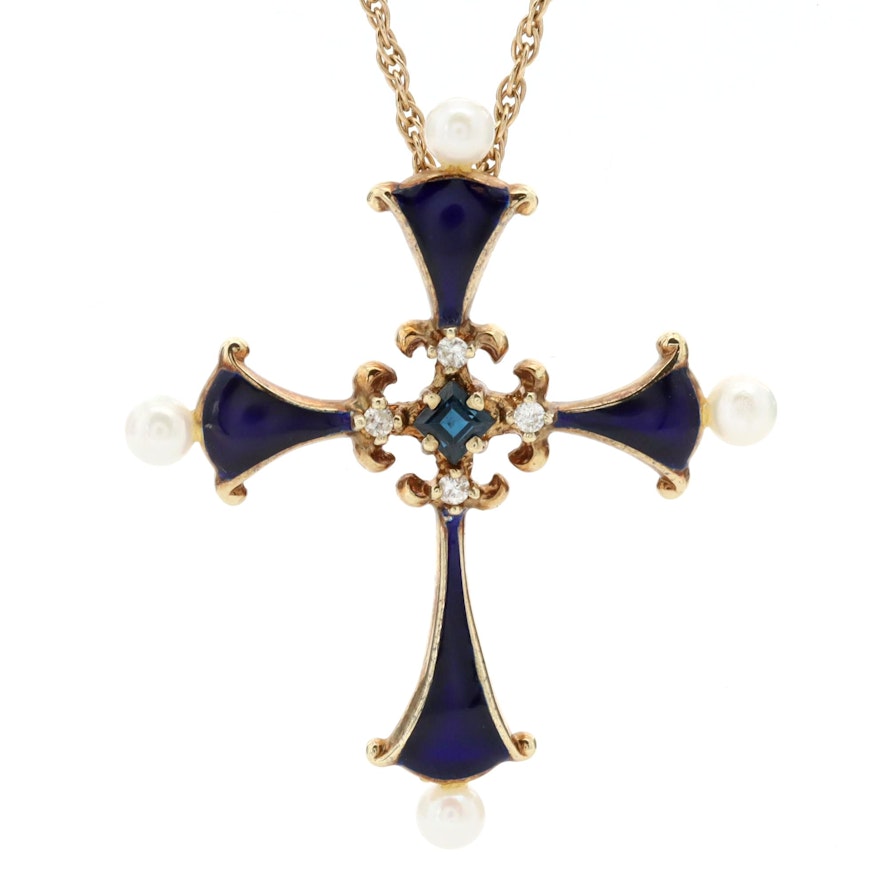 14K Yellow Gold Blue Sapphire, Diamond, Cultured Pearl and Enamel Cross Necklace