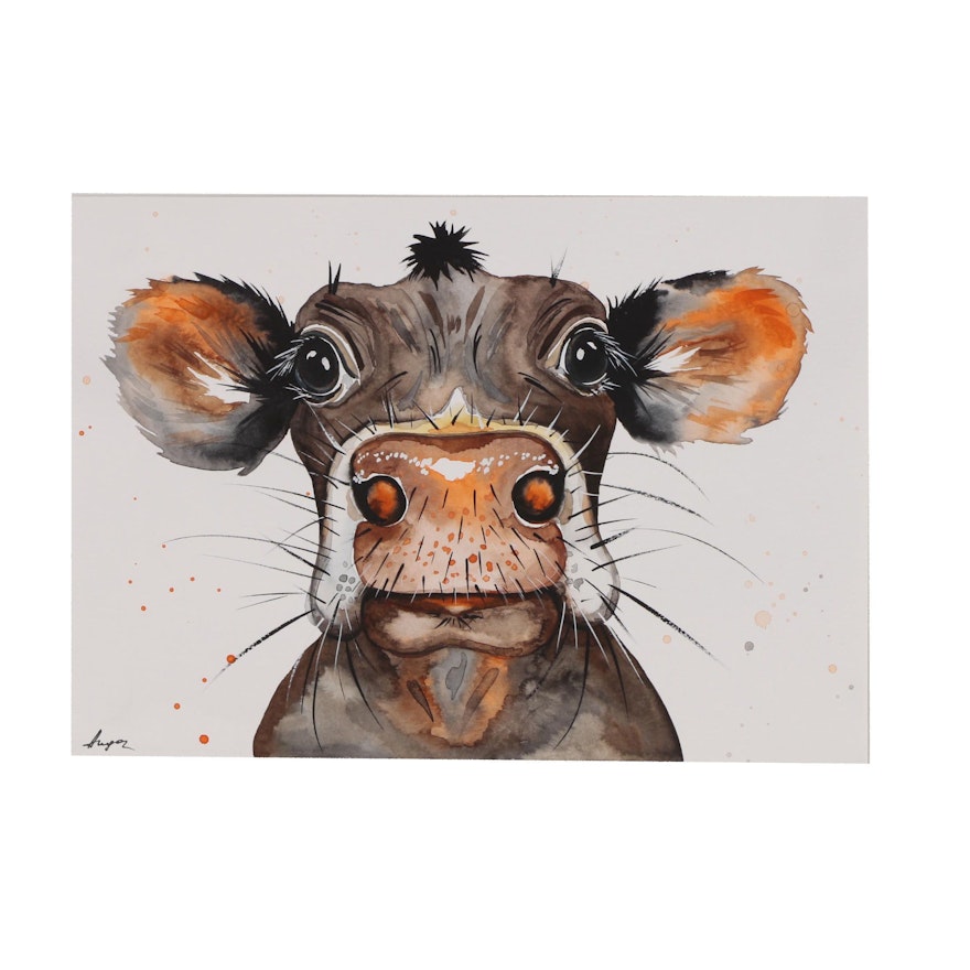 Anne Gorywine Watercolor Painting of Cow