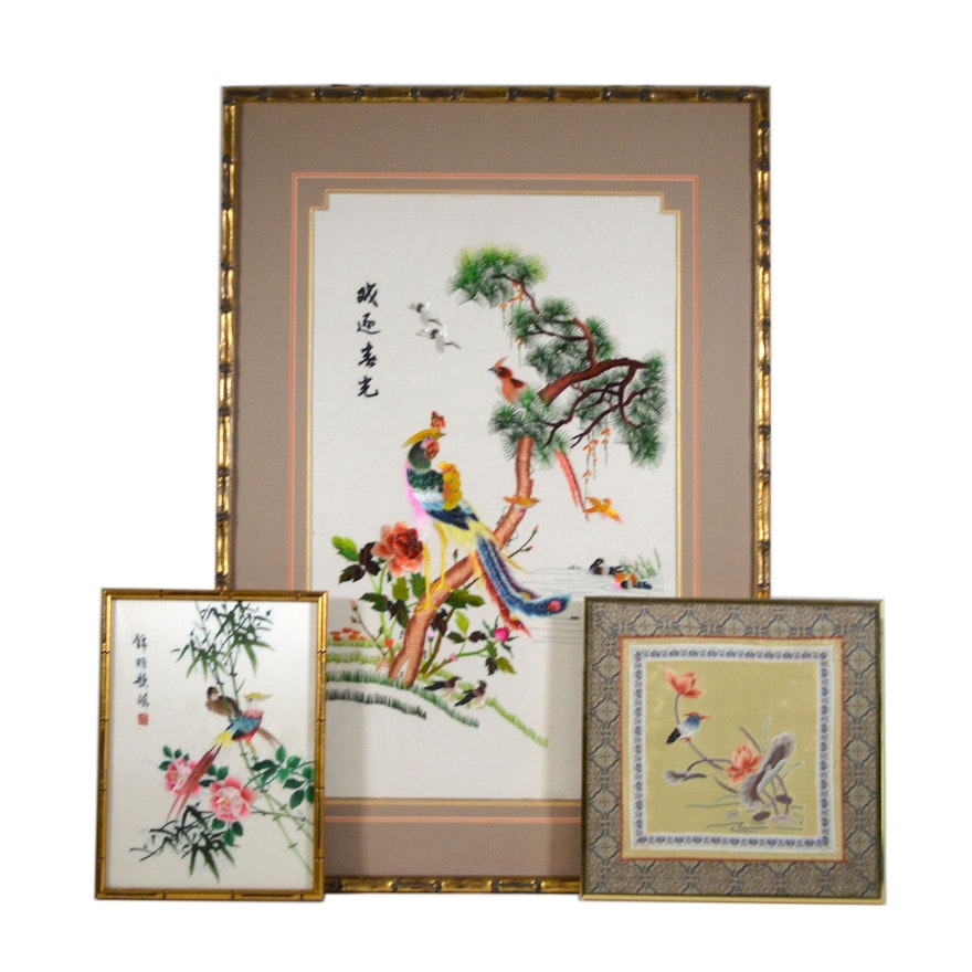 Chinese Bird and Flower Silk Embroidery Panels