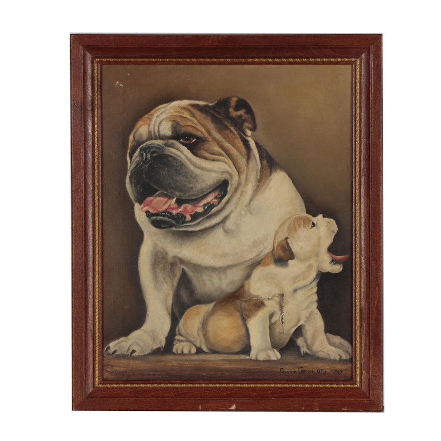 Ginnie Crozier Otis Oil Painting "English Bulldog and Pup", 1969