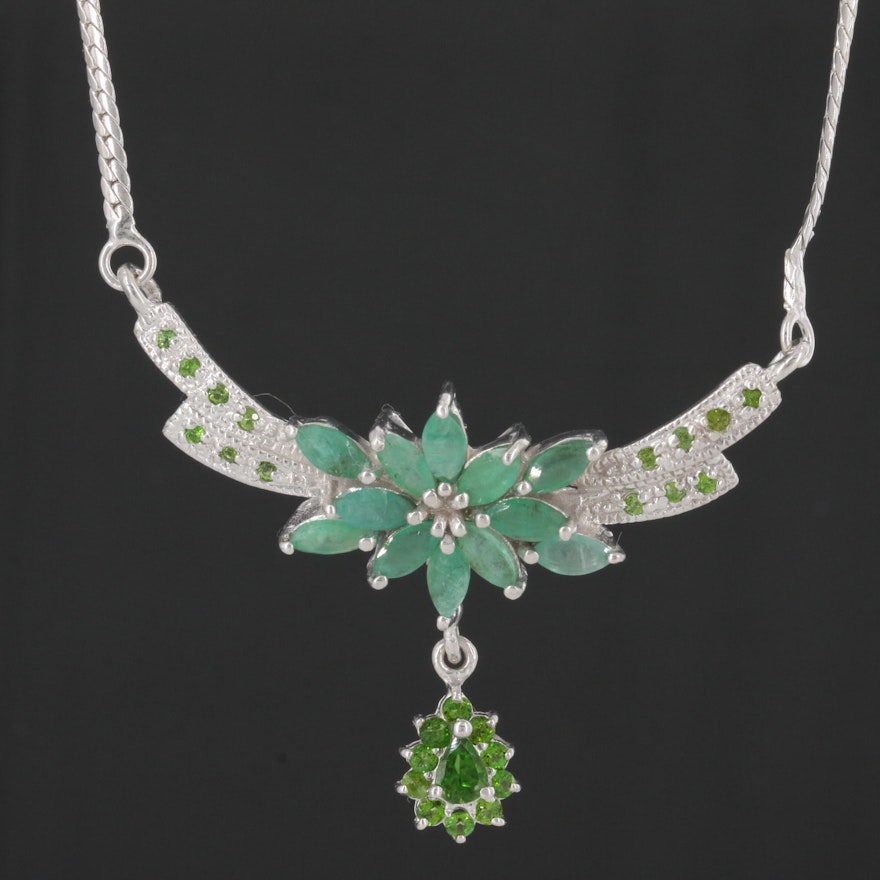 Sterling Silver Emerald and Diopside Necklace