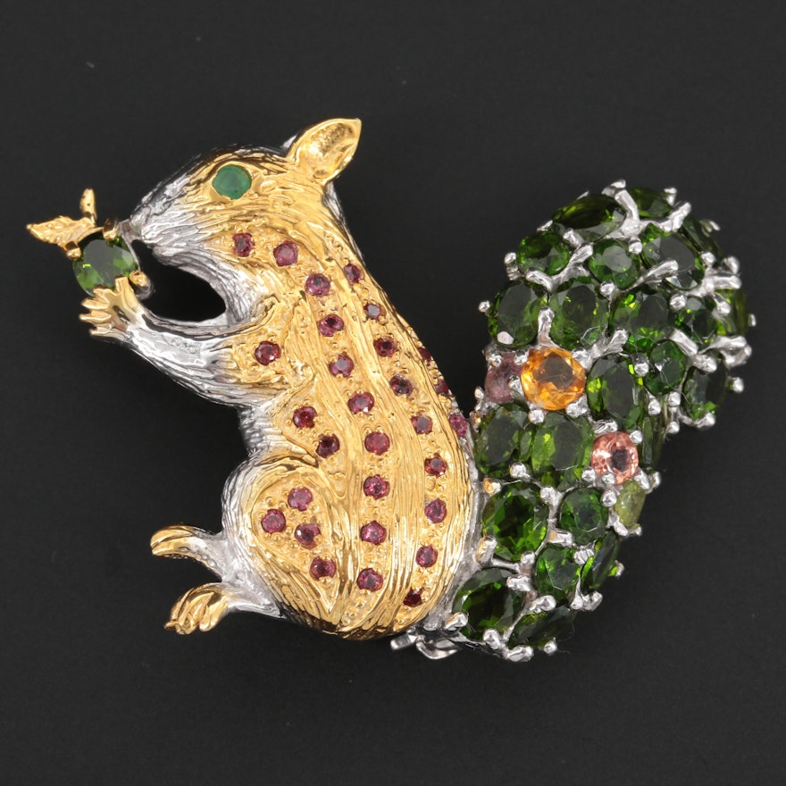 Sterling Silver Diopside, Tourmaline, and Emerald Squirrel Brooch