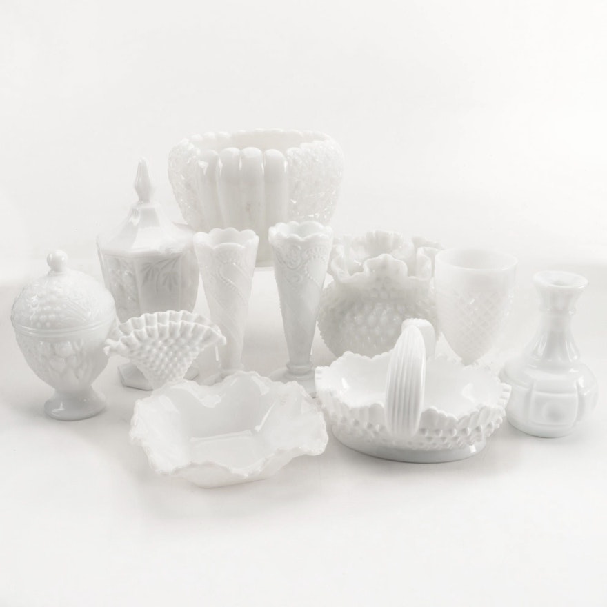 Fenton Style Milk Glass Vases, Bowls and Glasses