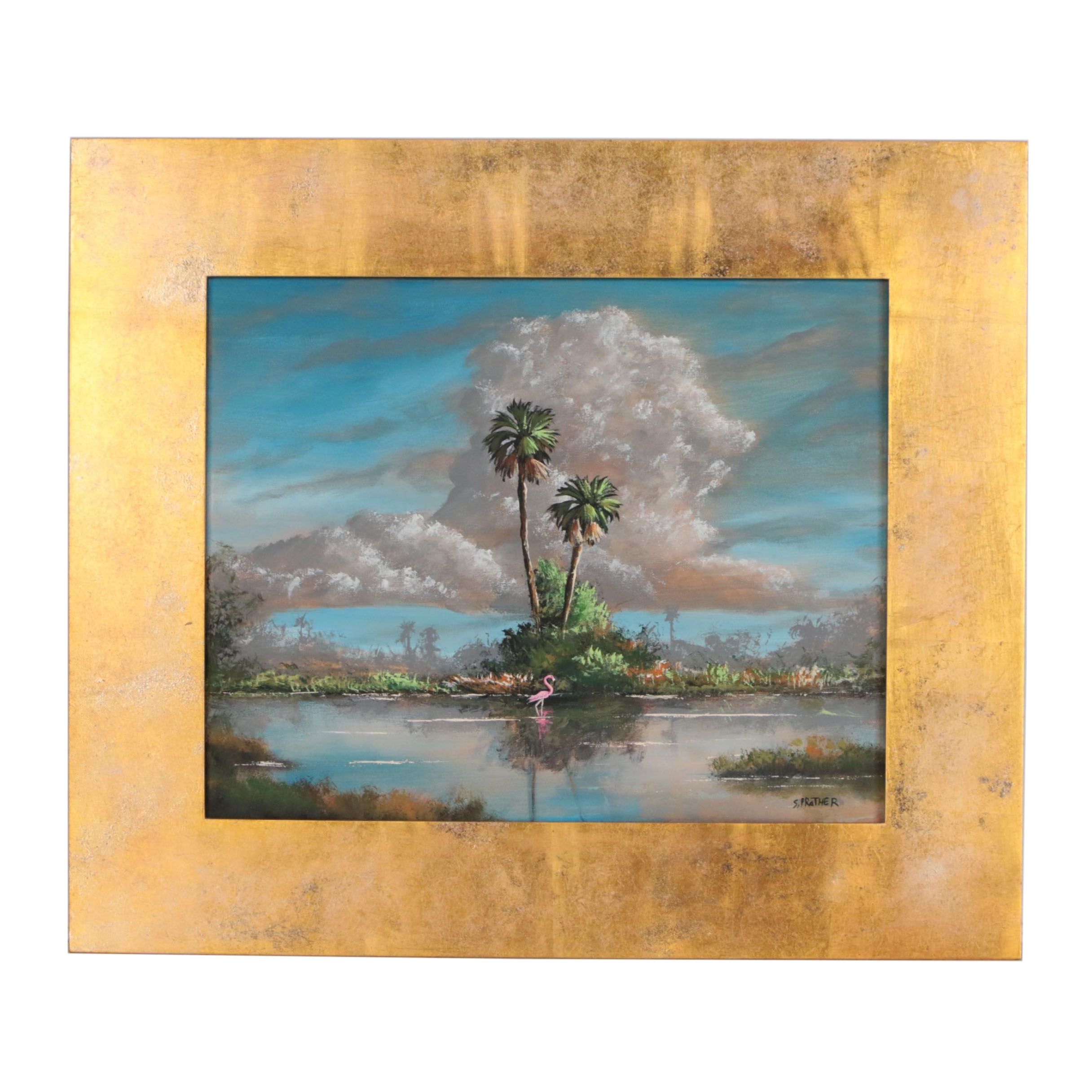 Stan Prather Oil Painting of Tropical Landscape with Flamingo