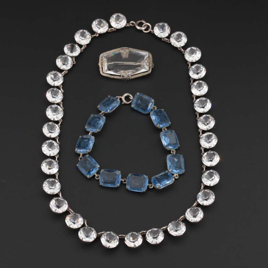 Art Deco Glass Brooch and Bracelet With Sterling Silver Necklace