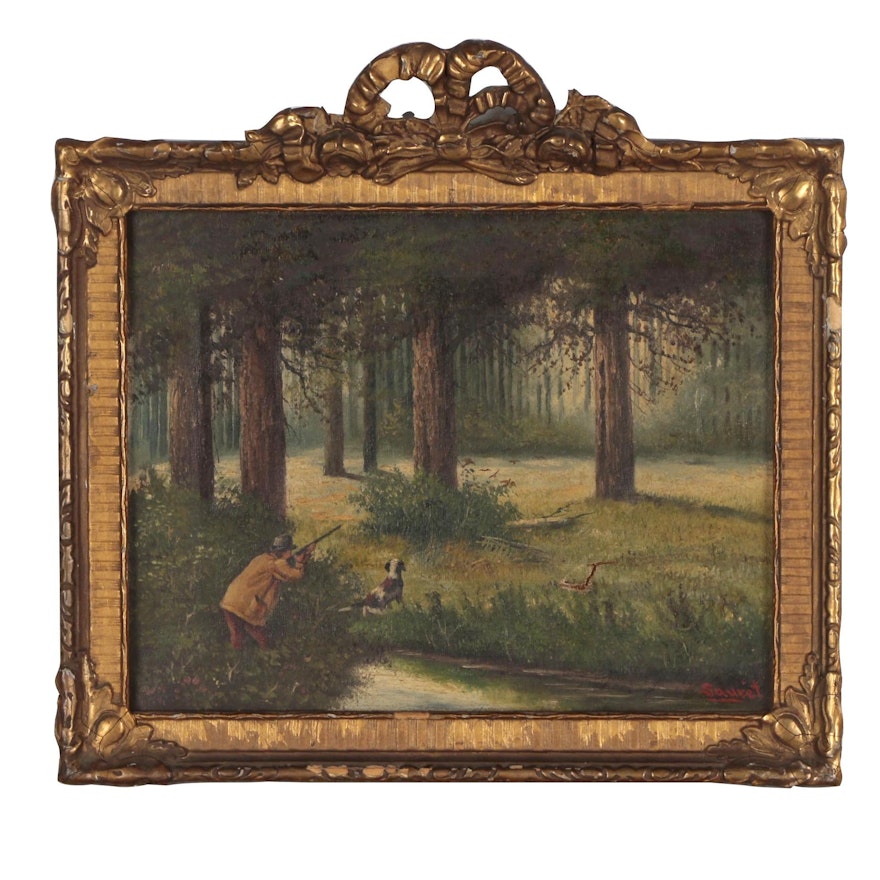 Sauret Oil Painting of Hunting Scene, Early 20th Century