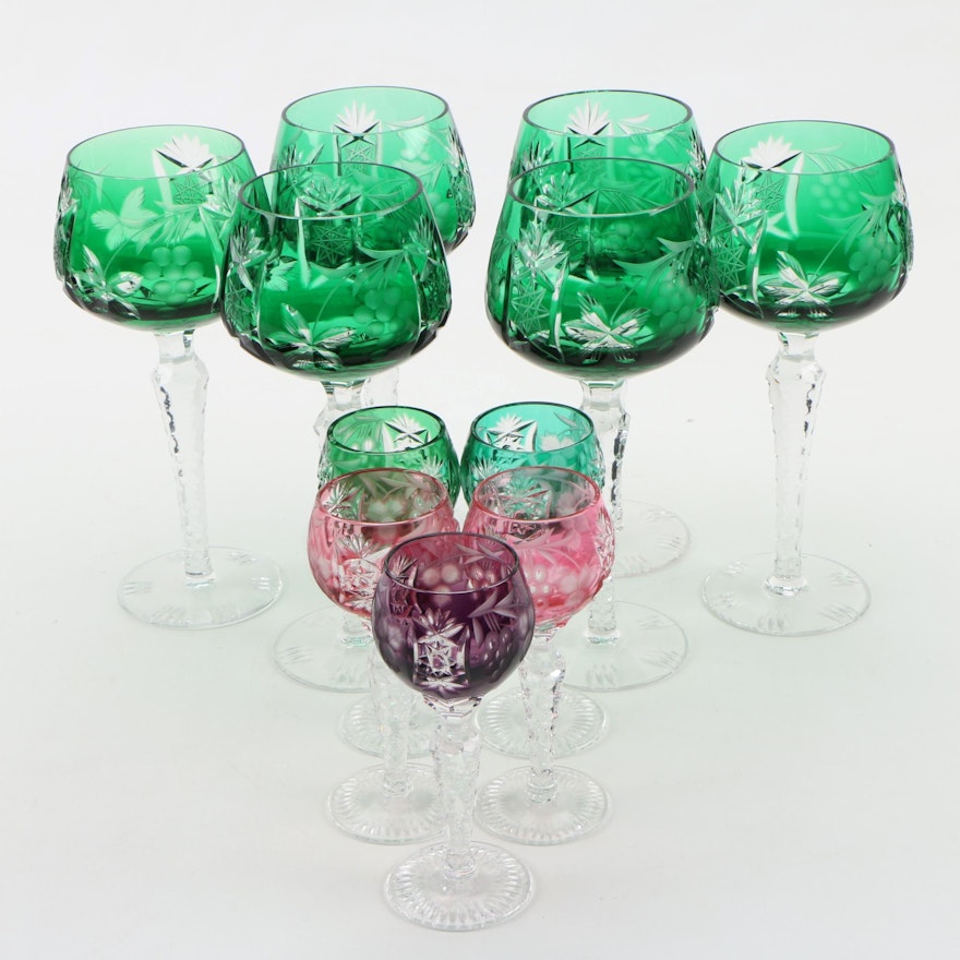 Bohemian Emerald and Multi Colored Cut to Clear Crystal Stemware