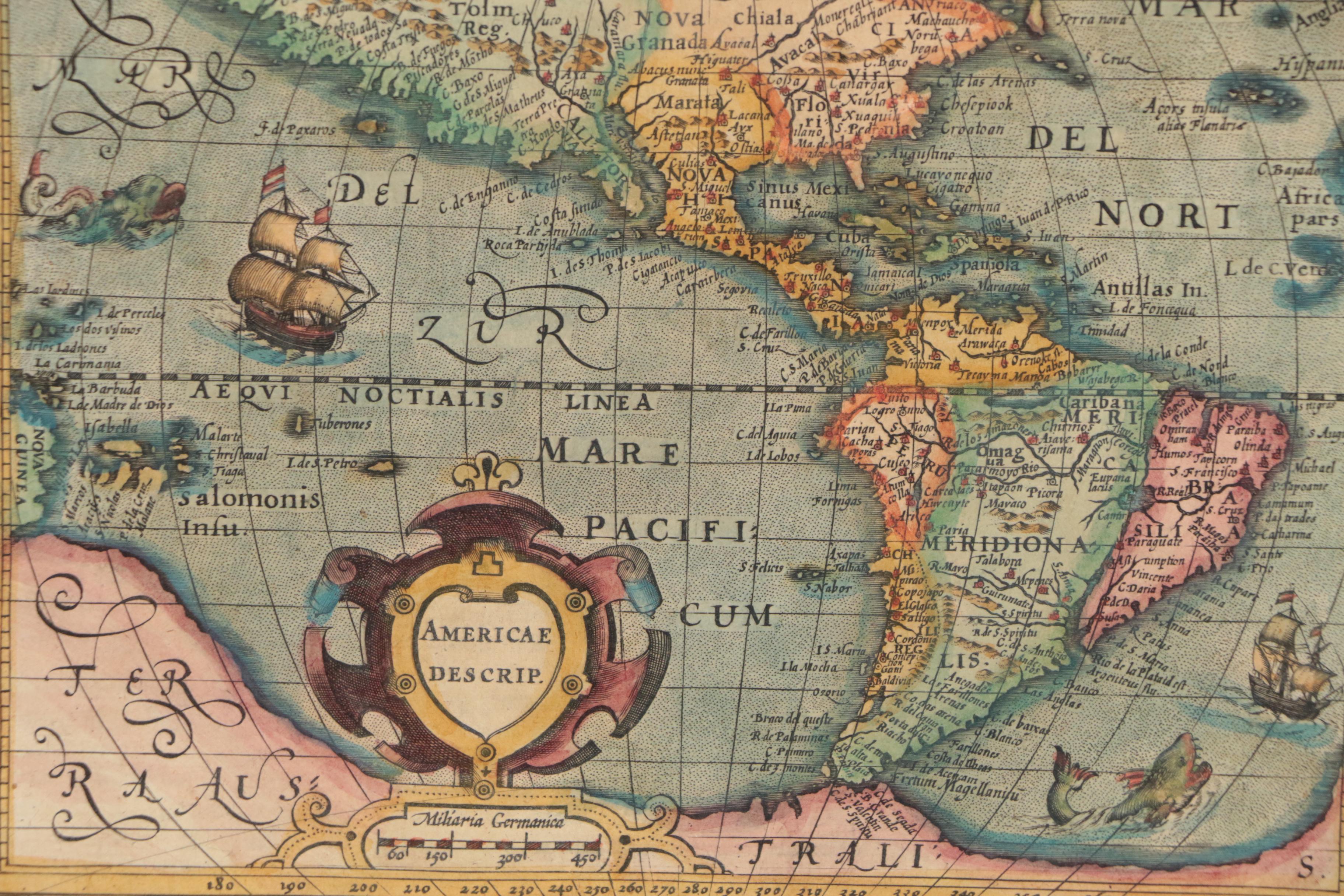 Mercator/Hondius Hand-Colored Map Engraving "Americae Descrip.", 17th Century