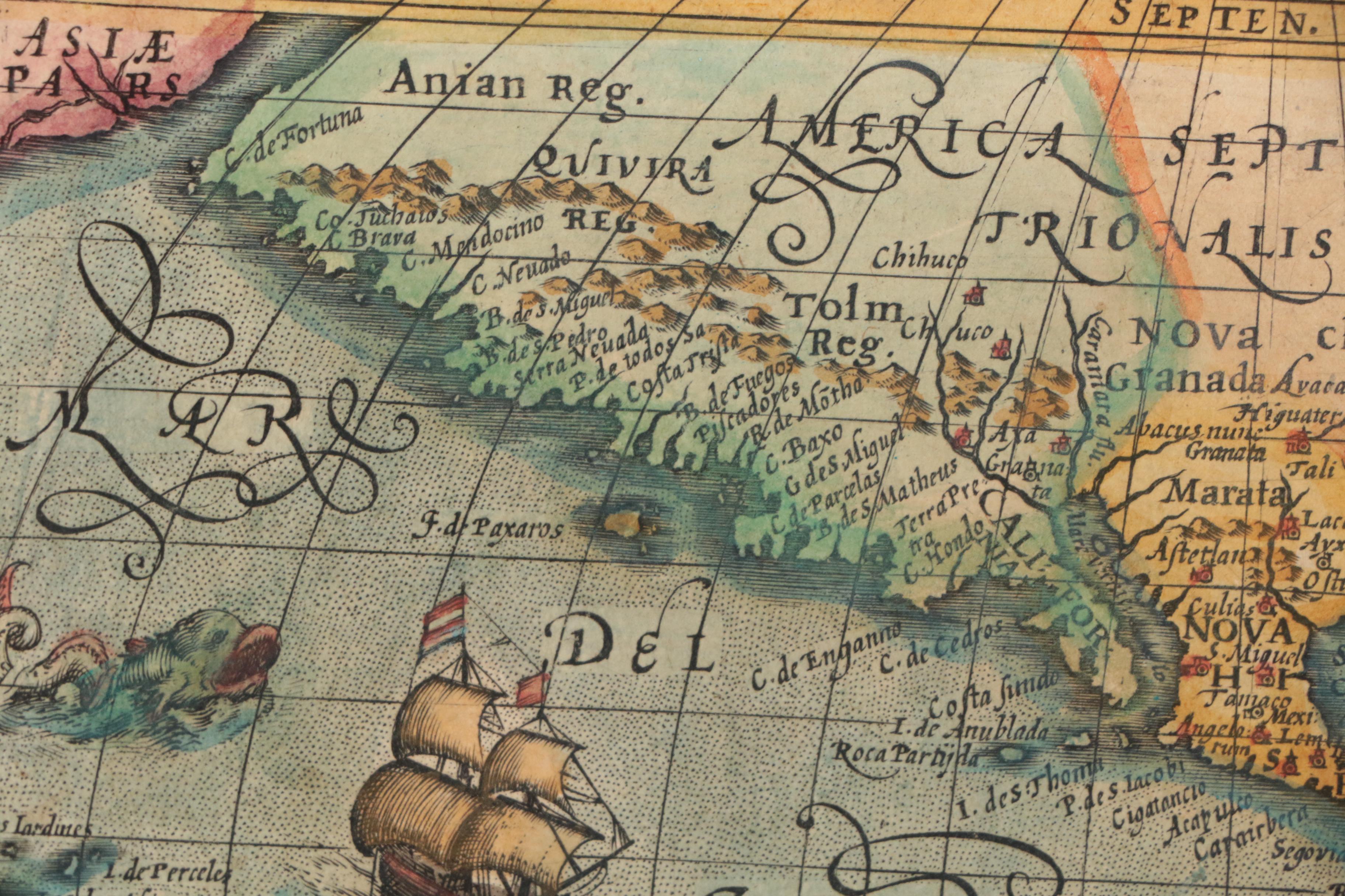 Mercator/Hondius Hand-Colored Map Engraving "Americae Descrip.", 17th Century