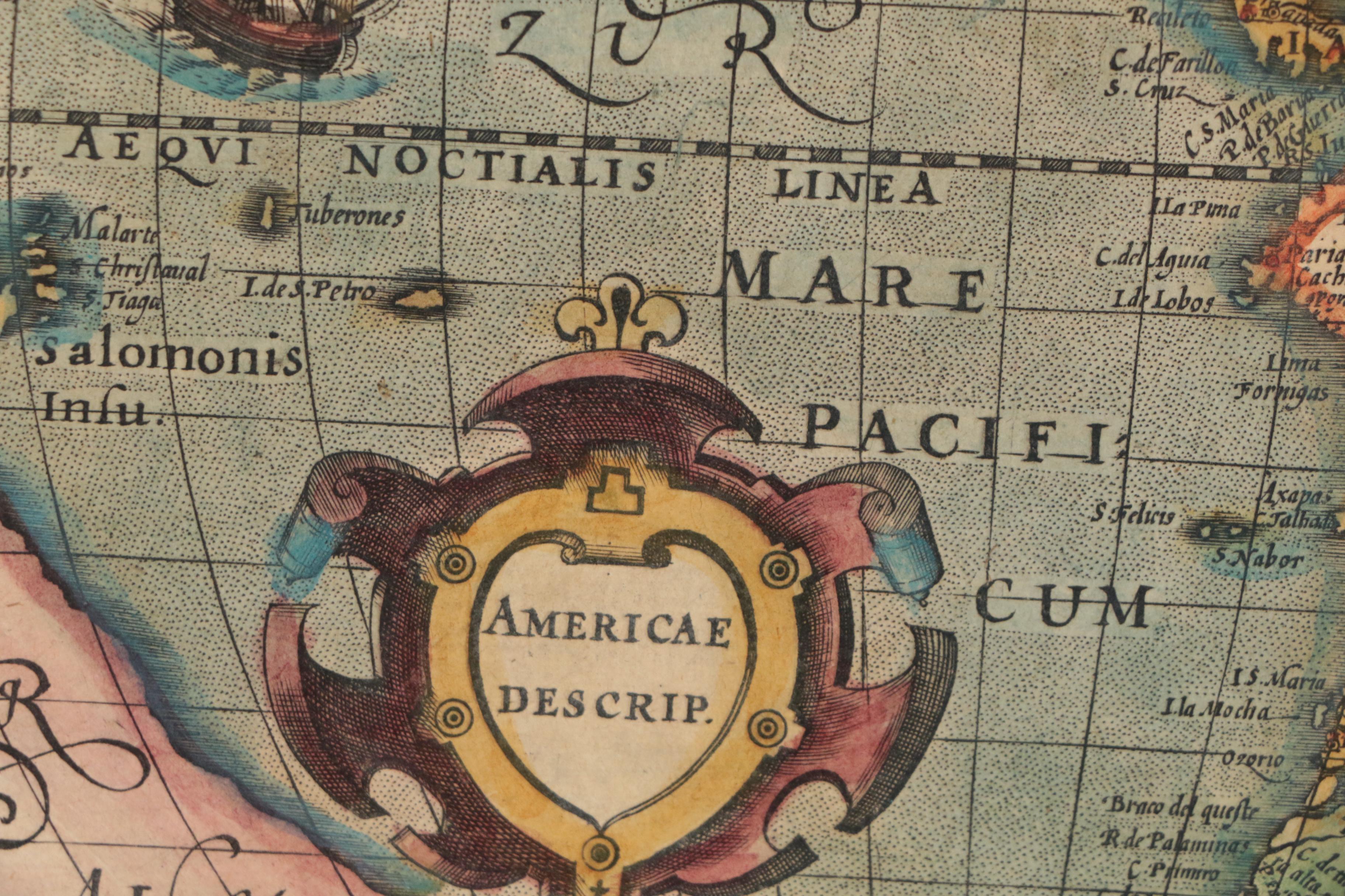 Mercator/Hondius Hand-Colored Map Engraving "Americae Descrip.", 17th Century