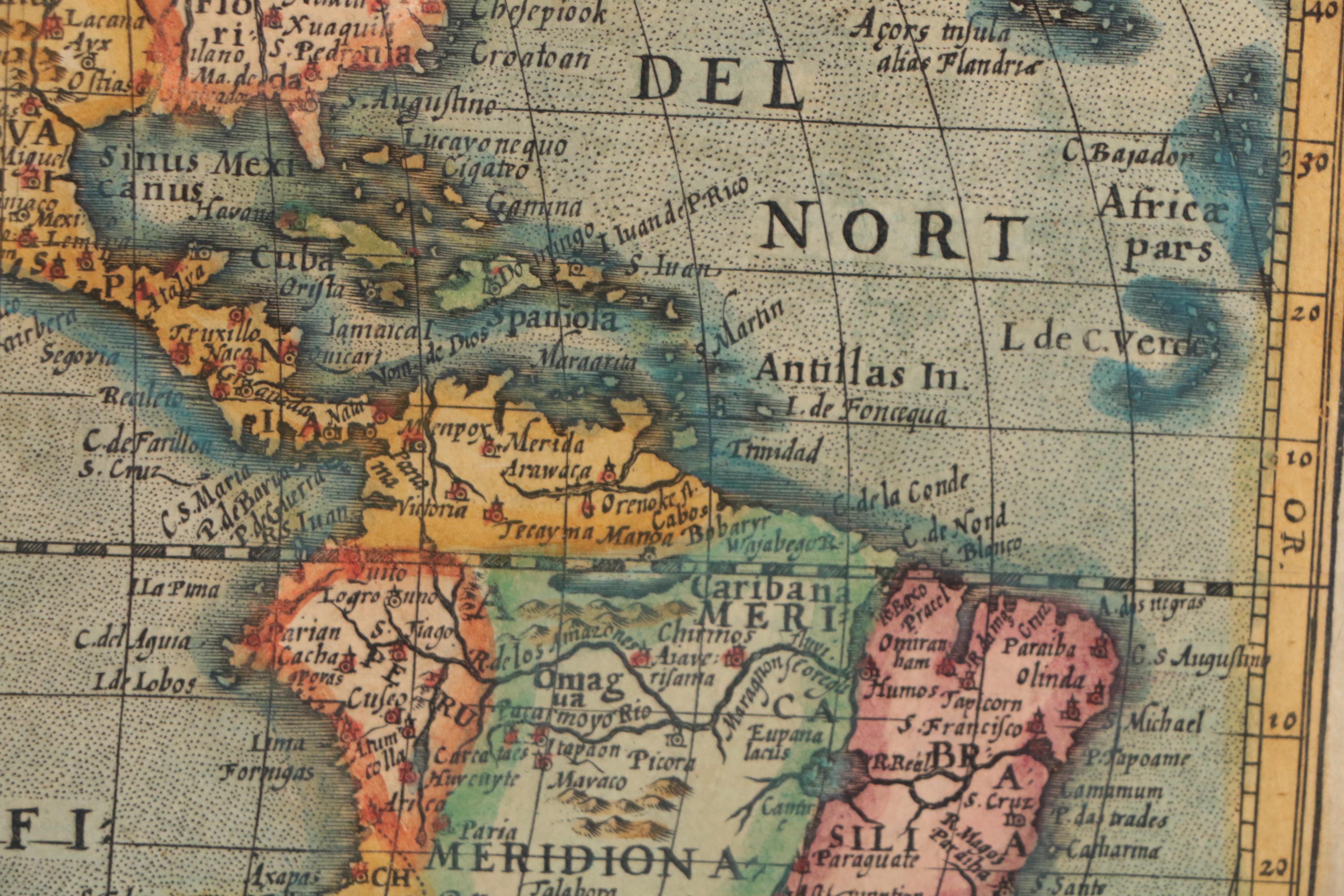 Mercator/Hondius Hand-Colored Map Engraving "Americae Descrip.", 17th Century