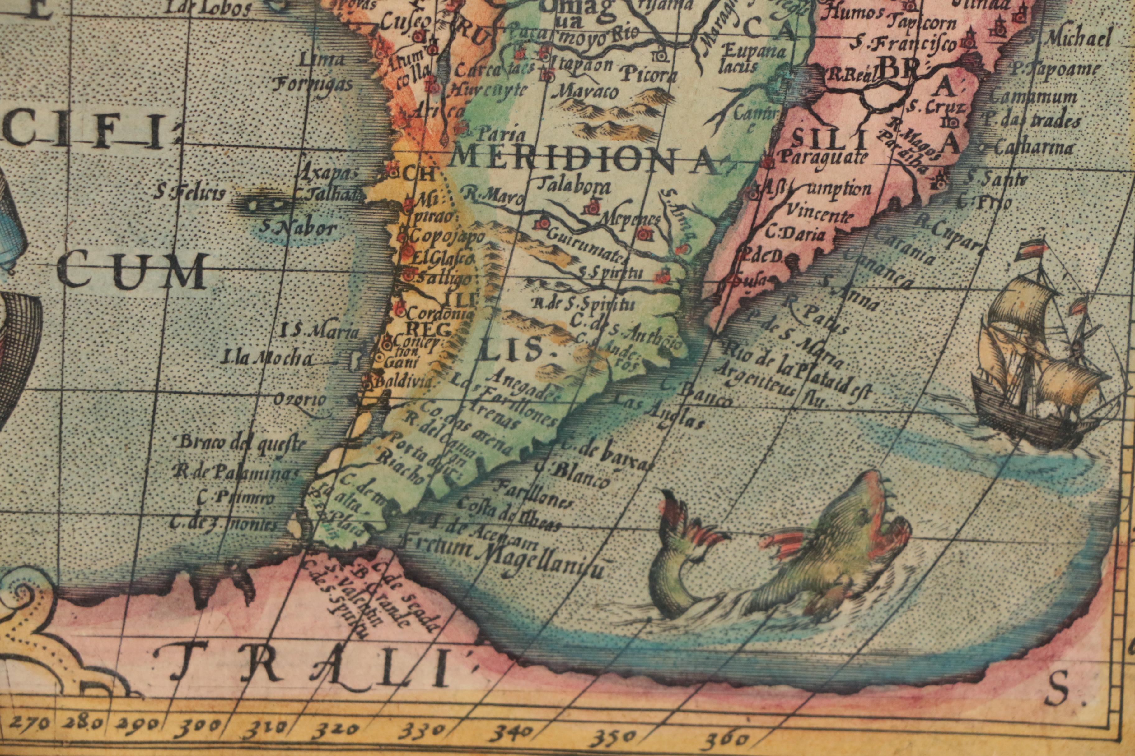 Mercator/Hondius Hand-Colored Map Engraving "Americae Descrip.", 17th Century