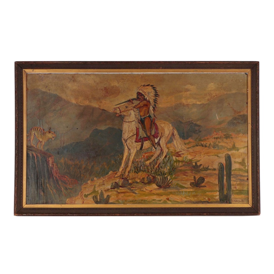 Oil Painting of Native American Battle Scene, Early 20th Century