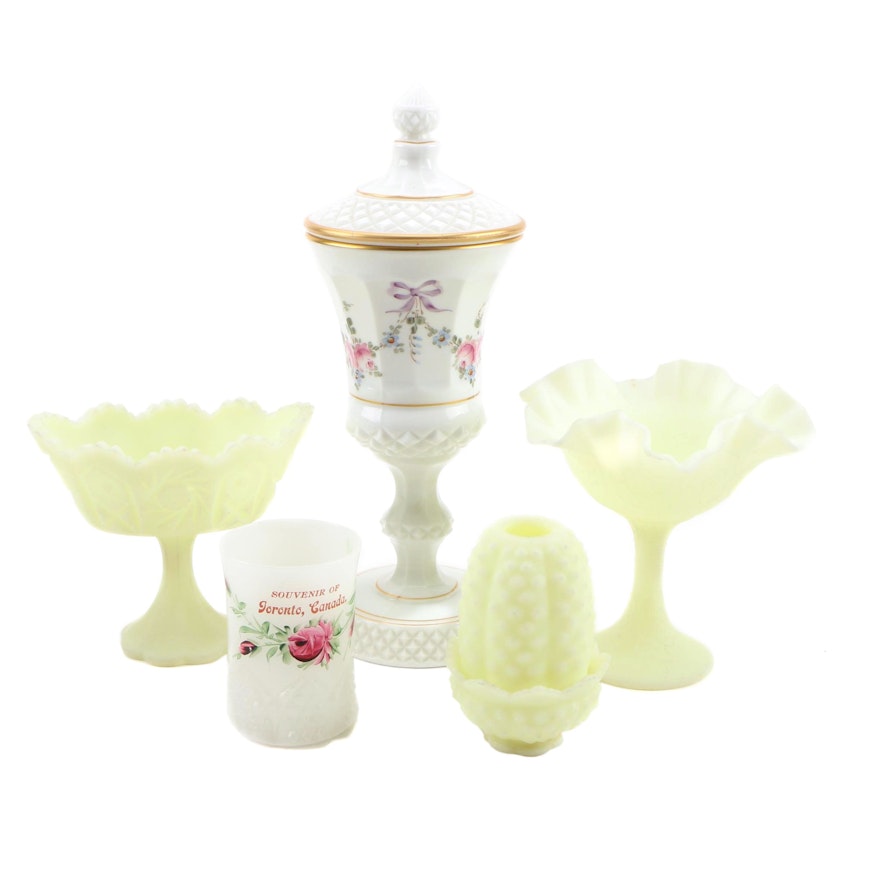 Fenton Custard Satin Compotes and Other Porcelain Table Accessories