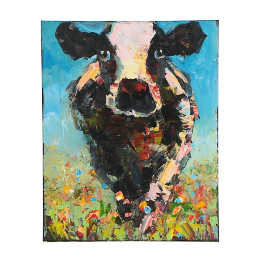 Elle Raines Acrylic Painting of Cow in Meadow