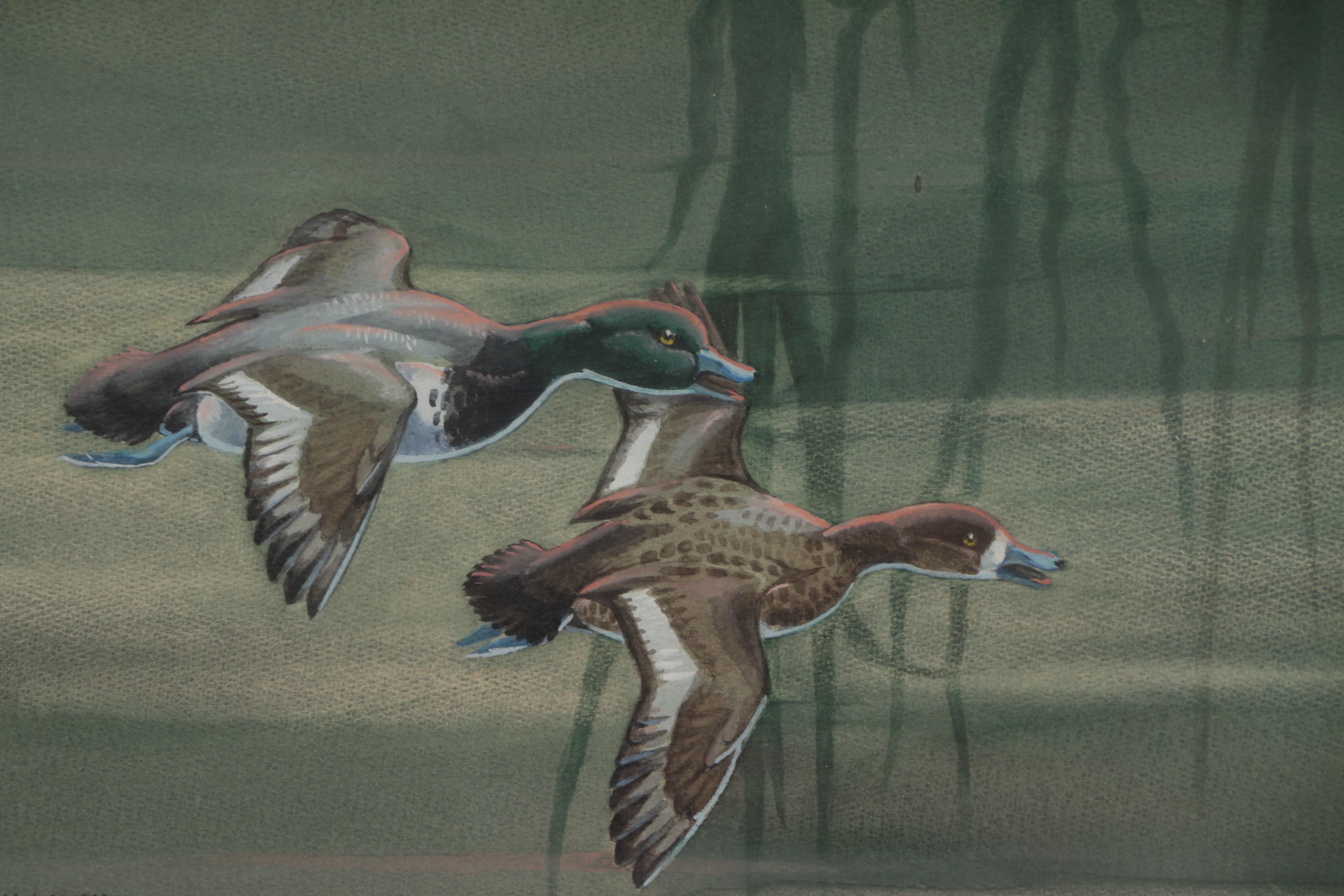 H. Wayne Trimm Gouache Painting "Flying Ducks"