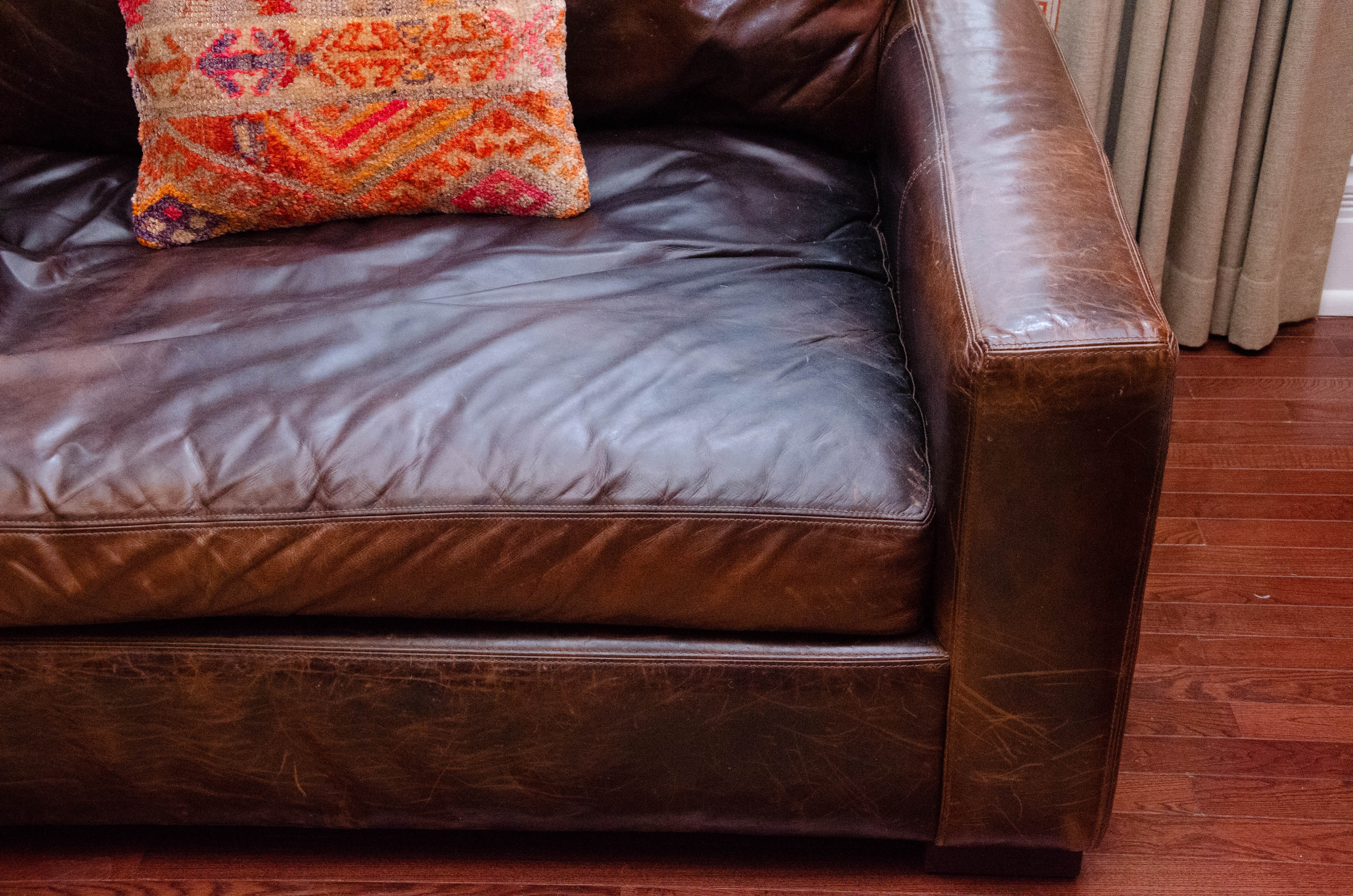 Modern Leather Upholstered Sofa with Hand Tufted and Leather Decorative Pillows