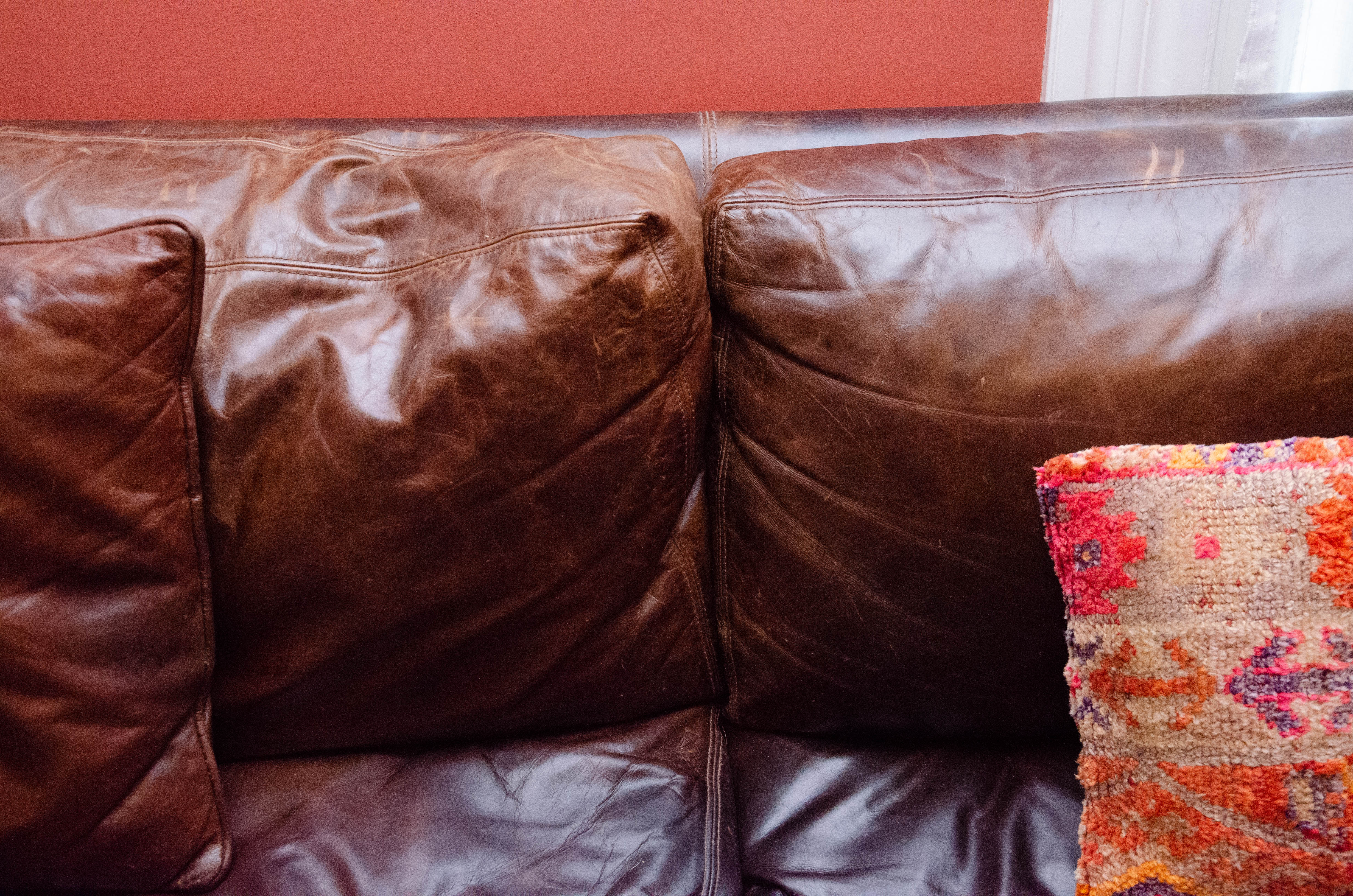 Modern Leather Upholstered Sofa with Hand Tufted and Leather Decorative Pillows