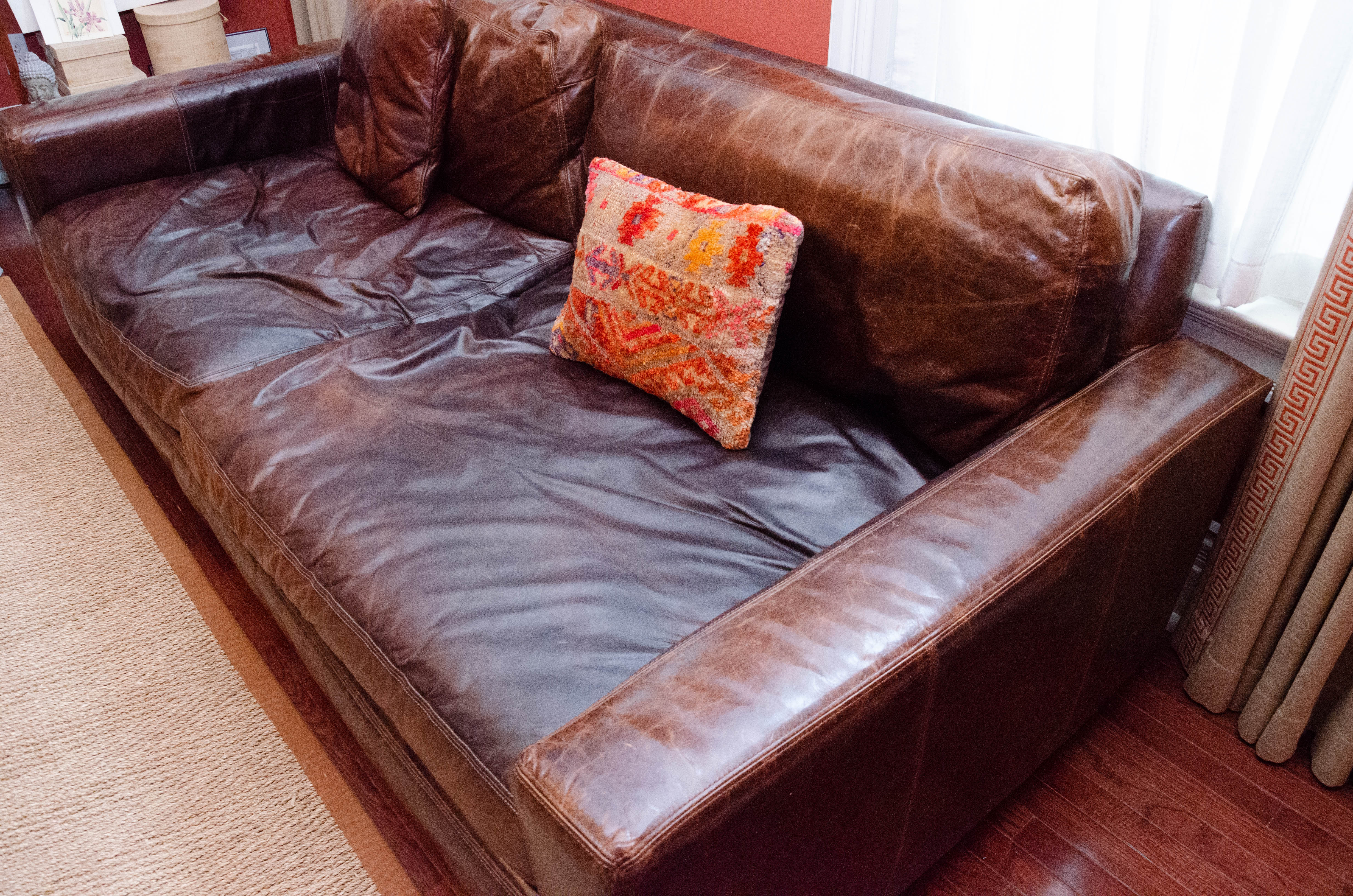 Modern Leather Upholstered Sofa with Hand Tufted and Leather Decorative Pillows