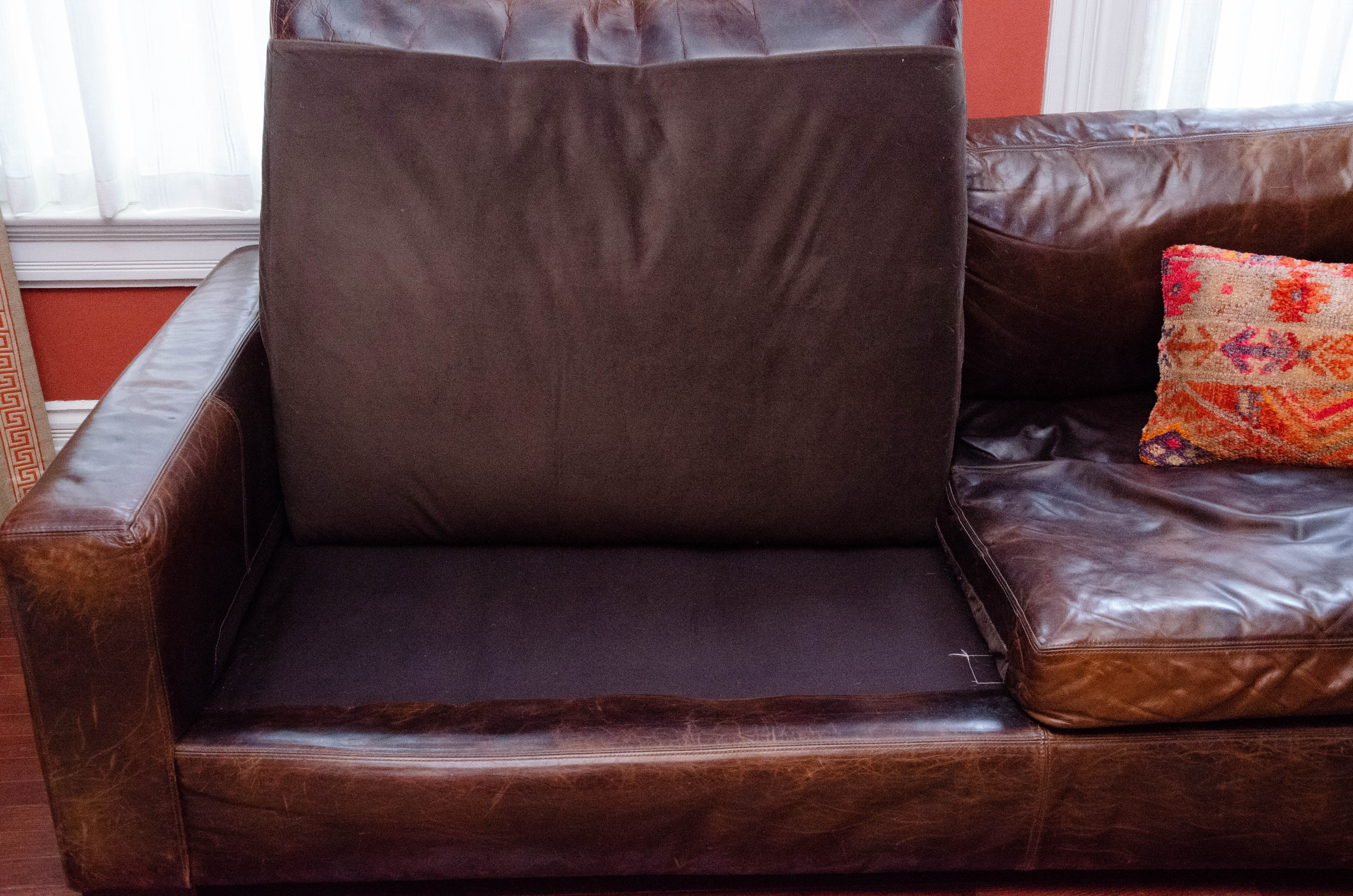 Modern Leather Upholstered Sofa with Hand Tufted and Leather Decorative Pillows