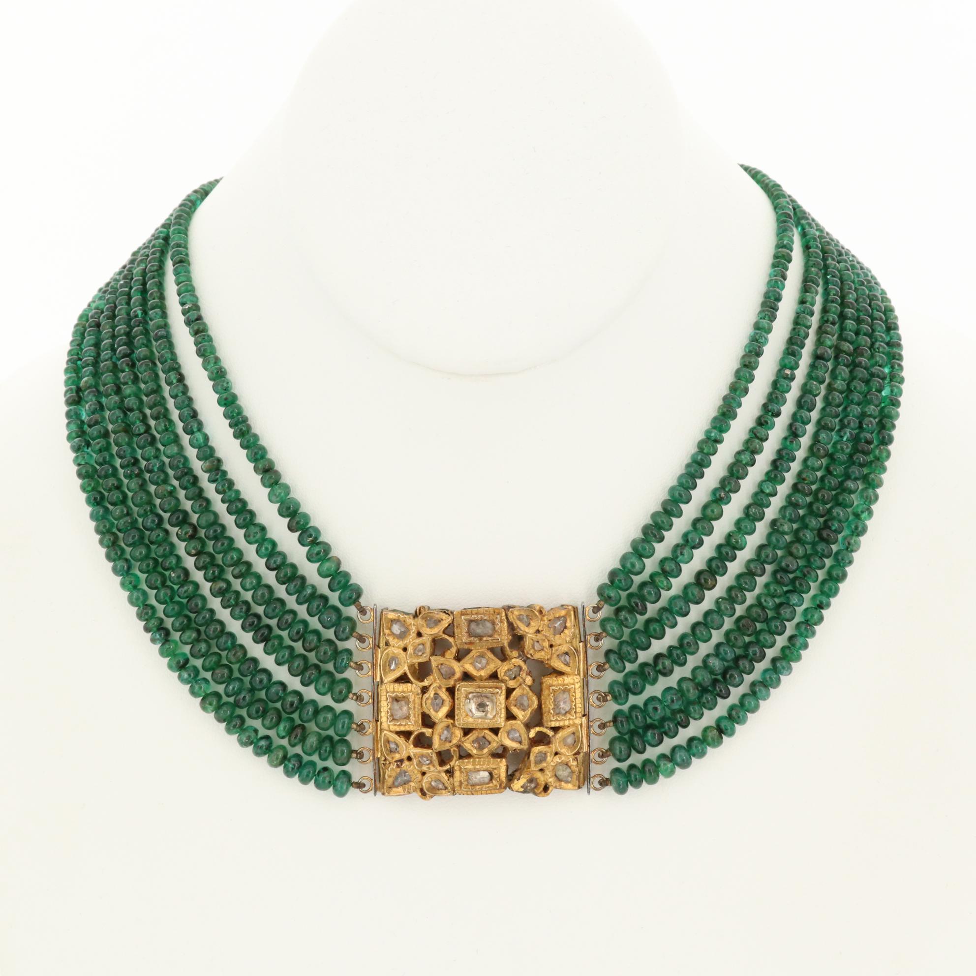 Mughal Style Diamond and Emerald Multi-Strand Necklace