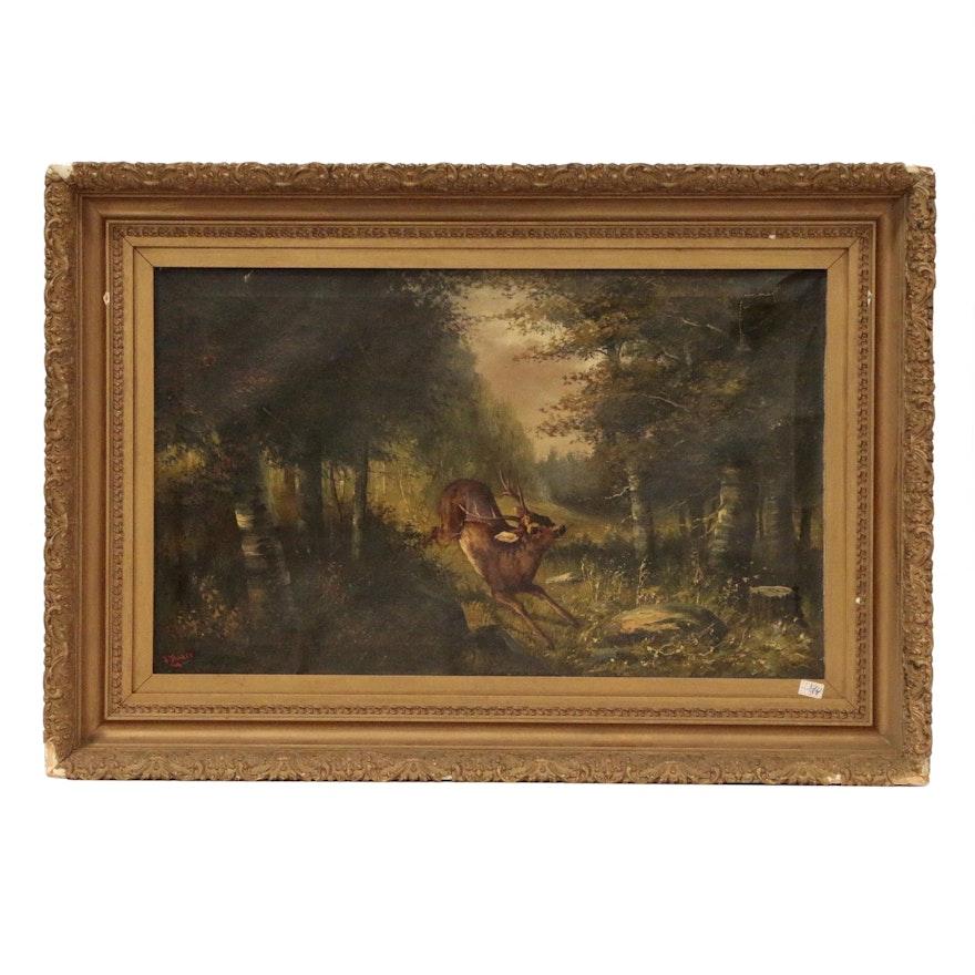 Oil Painting of Deer in Wooded Landscape , Mid 20th Century