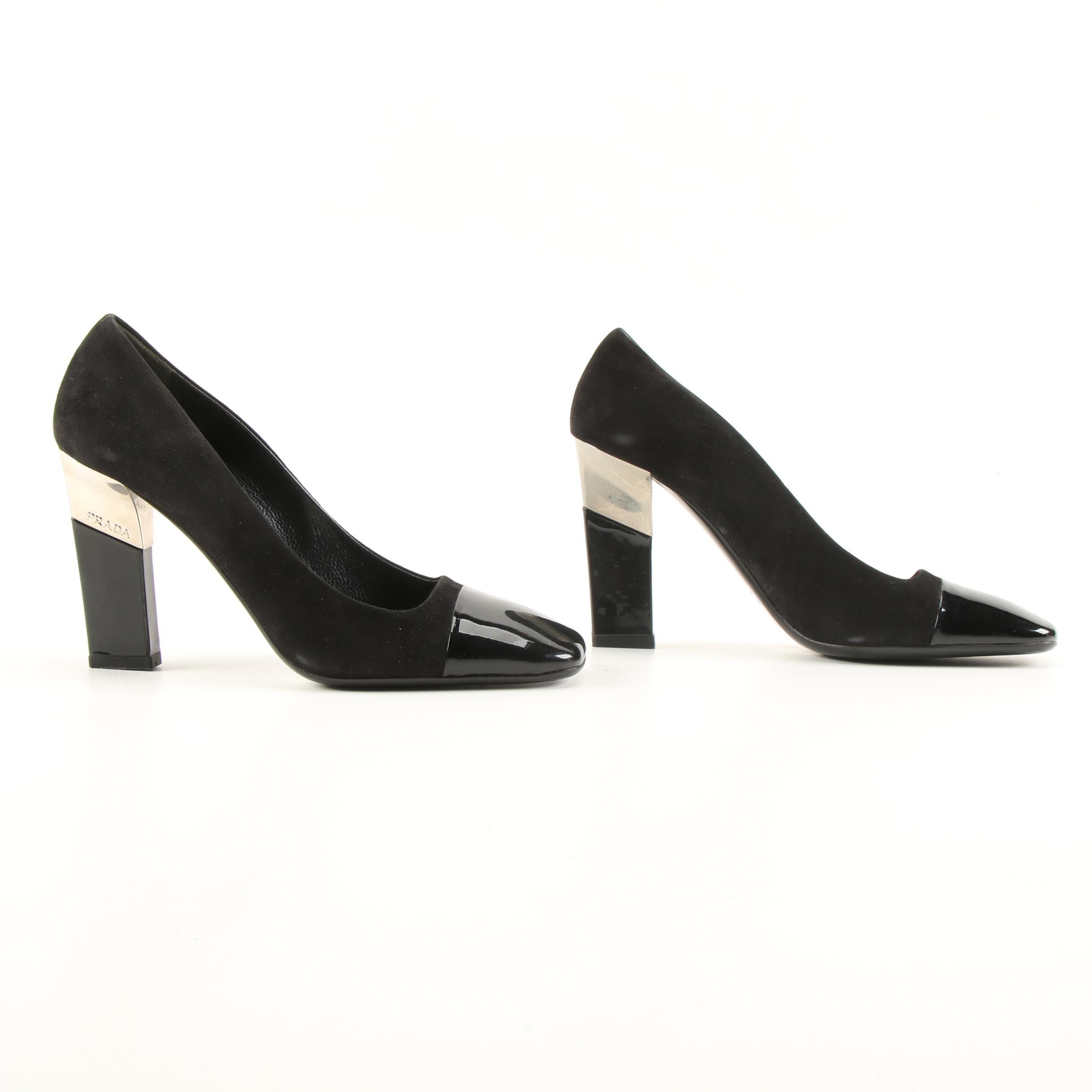 Prada Black Suede and Patent Leather Square Toe High Heel Pumps