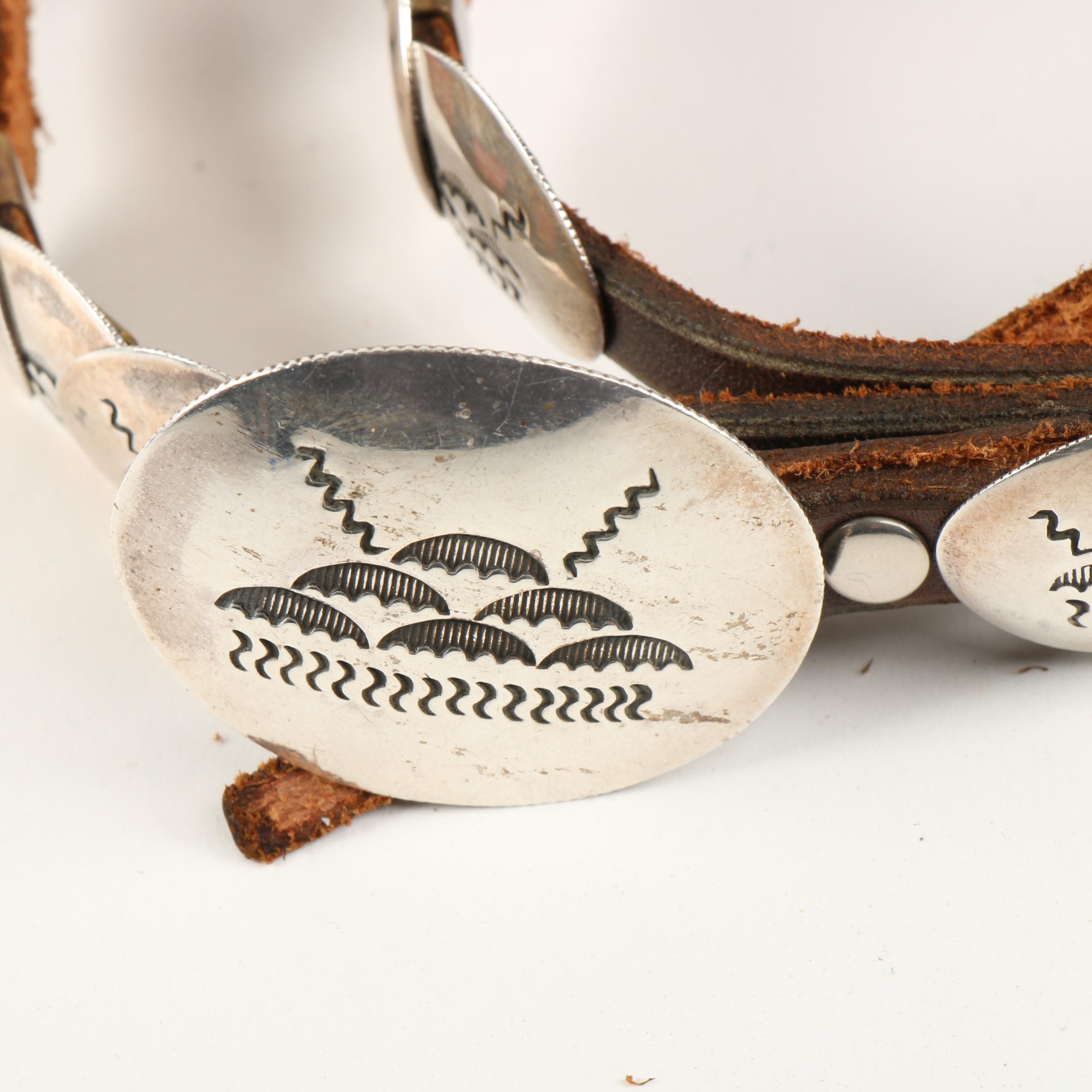 Taos Pueblo Native American Signed Sterling Silver Concho and Brown Leather Belt