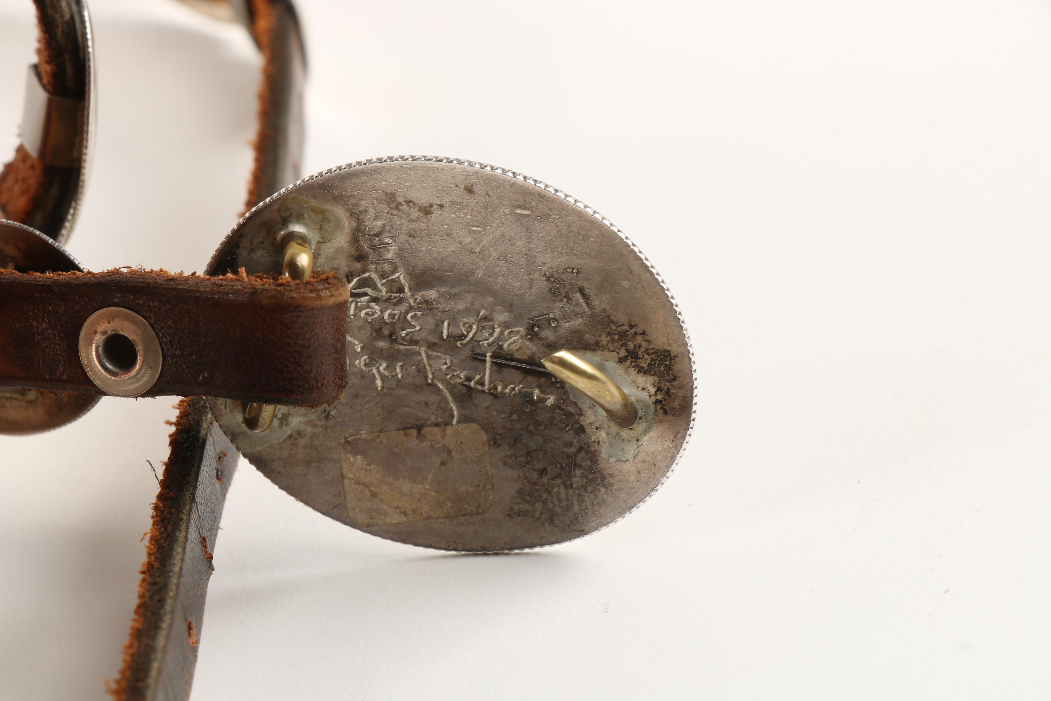 Taos Pueblo Native American Signed Sterling Silver Concho and Brown Leather Belt