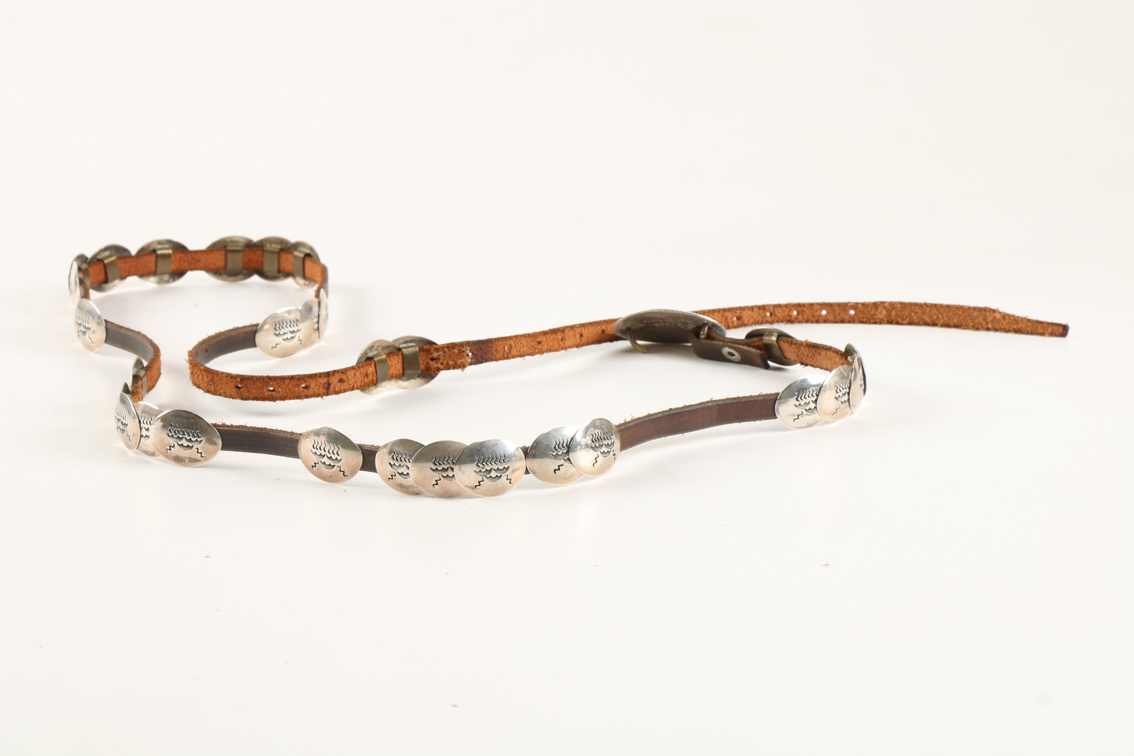 Taos Pueblo Native American Signed Sterling Silver Concho and Brown Leather Belt