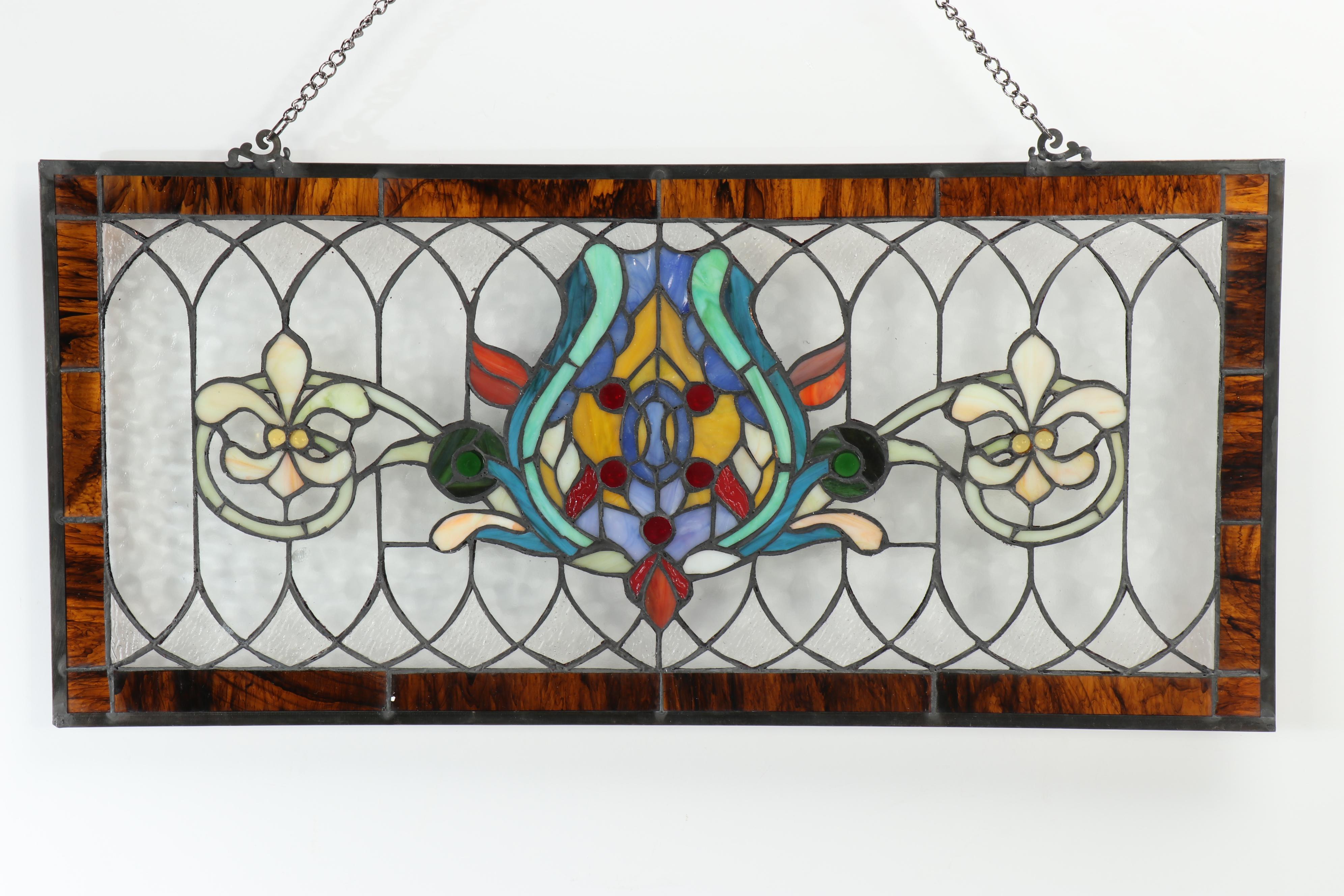 Stained Glass Fleur de Lis Motif Hanging Panel