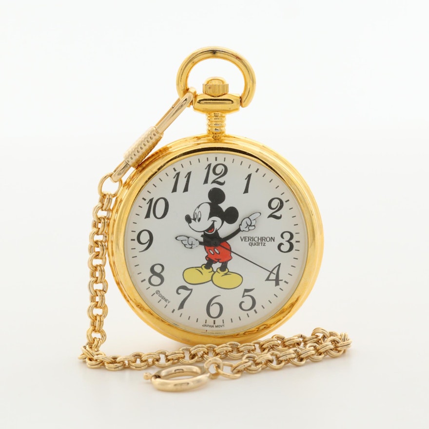 Mickey Mouse Verichron Quartz Pocket Watch With Case