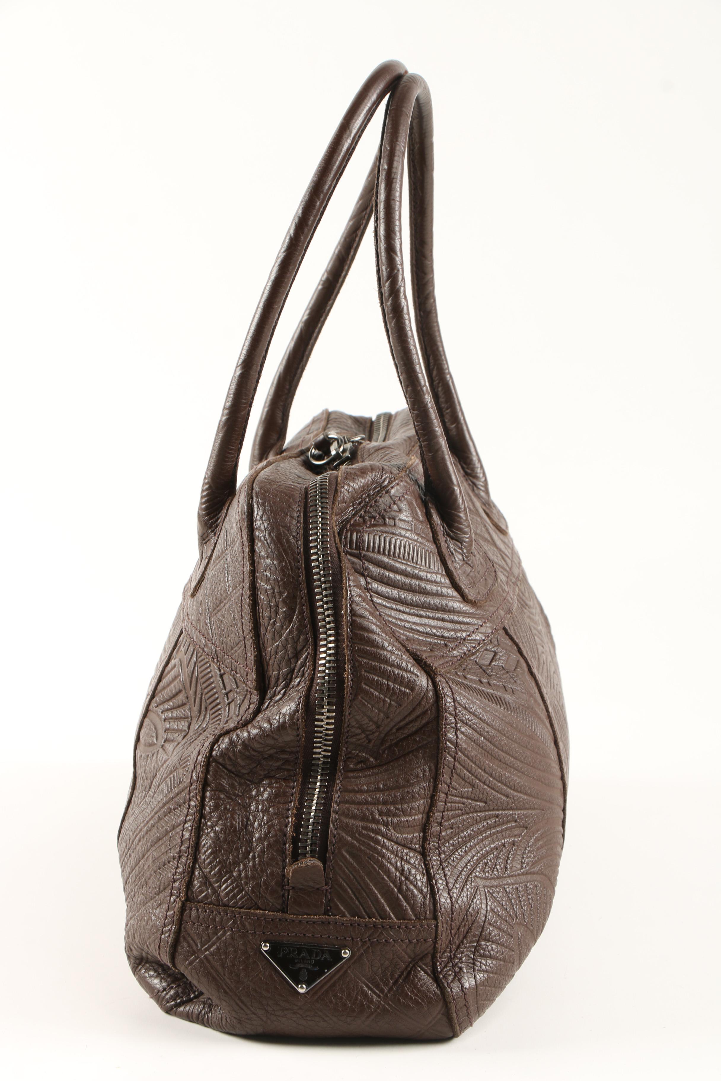 Prada Dark Brown Mixed Pattern Embossed Leather Satchel