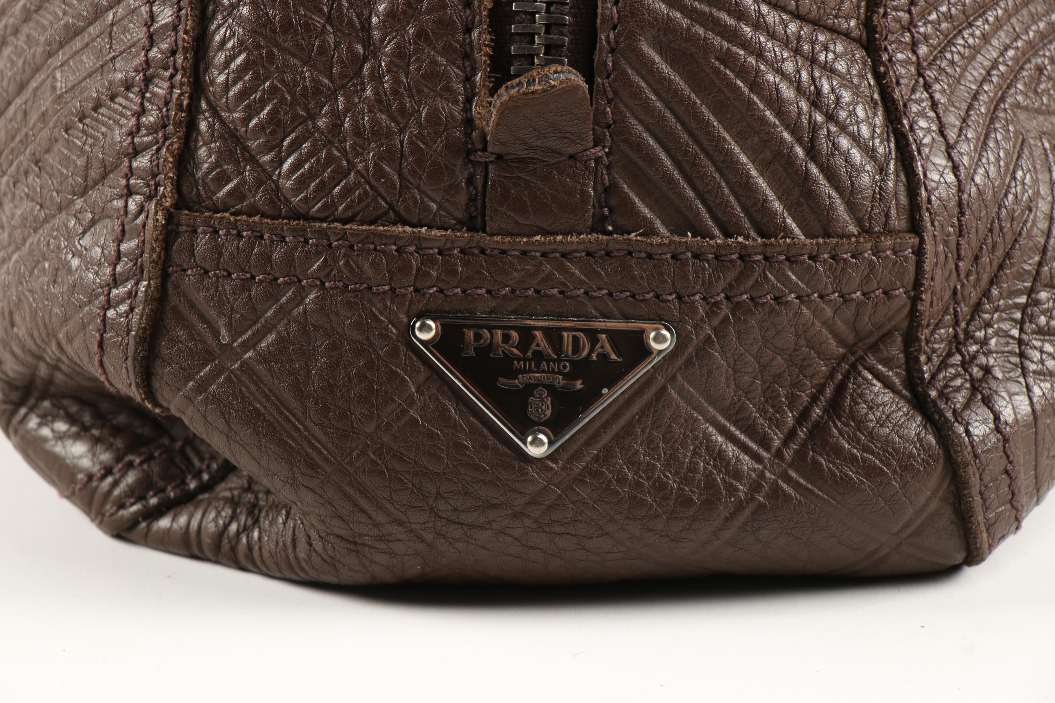 Prada Dark Brown Mixed Pattern Embossed Leather Satchel