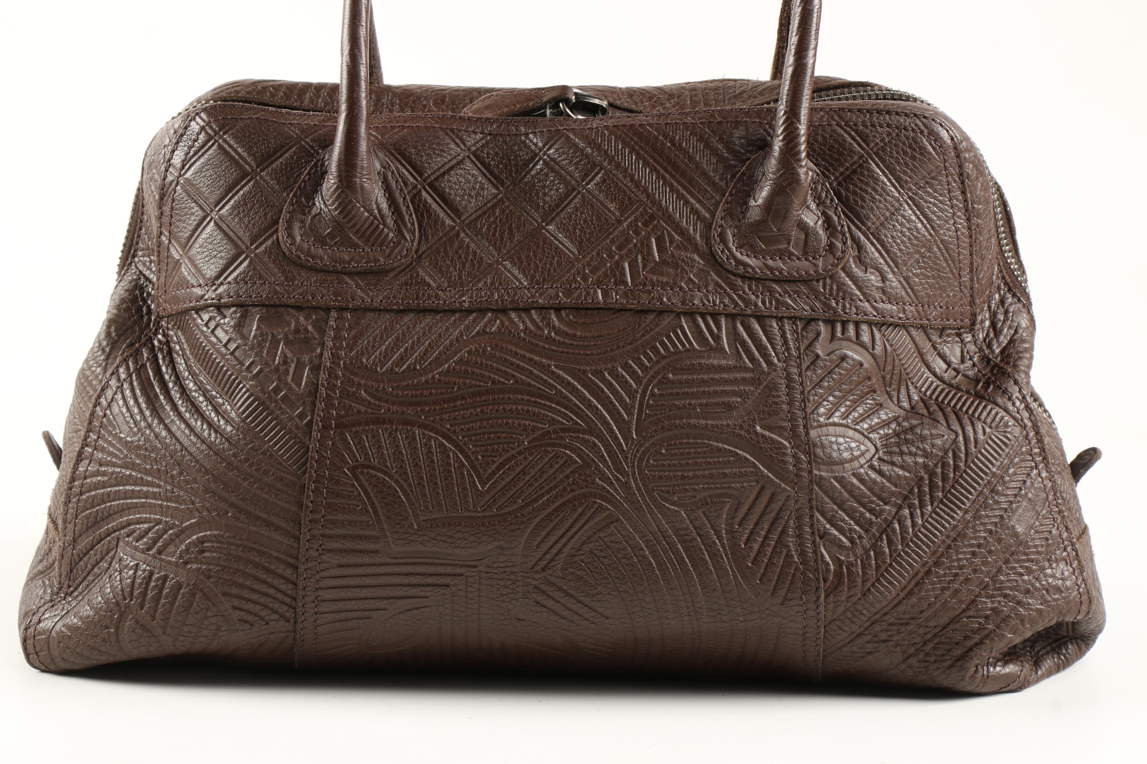 Prada Dark Brown Mixed Pattern Embossed Leather Satchel
