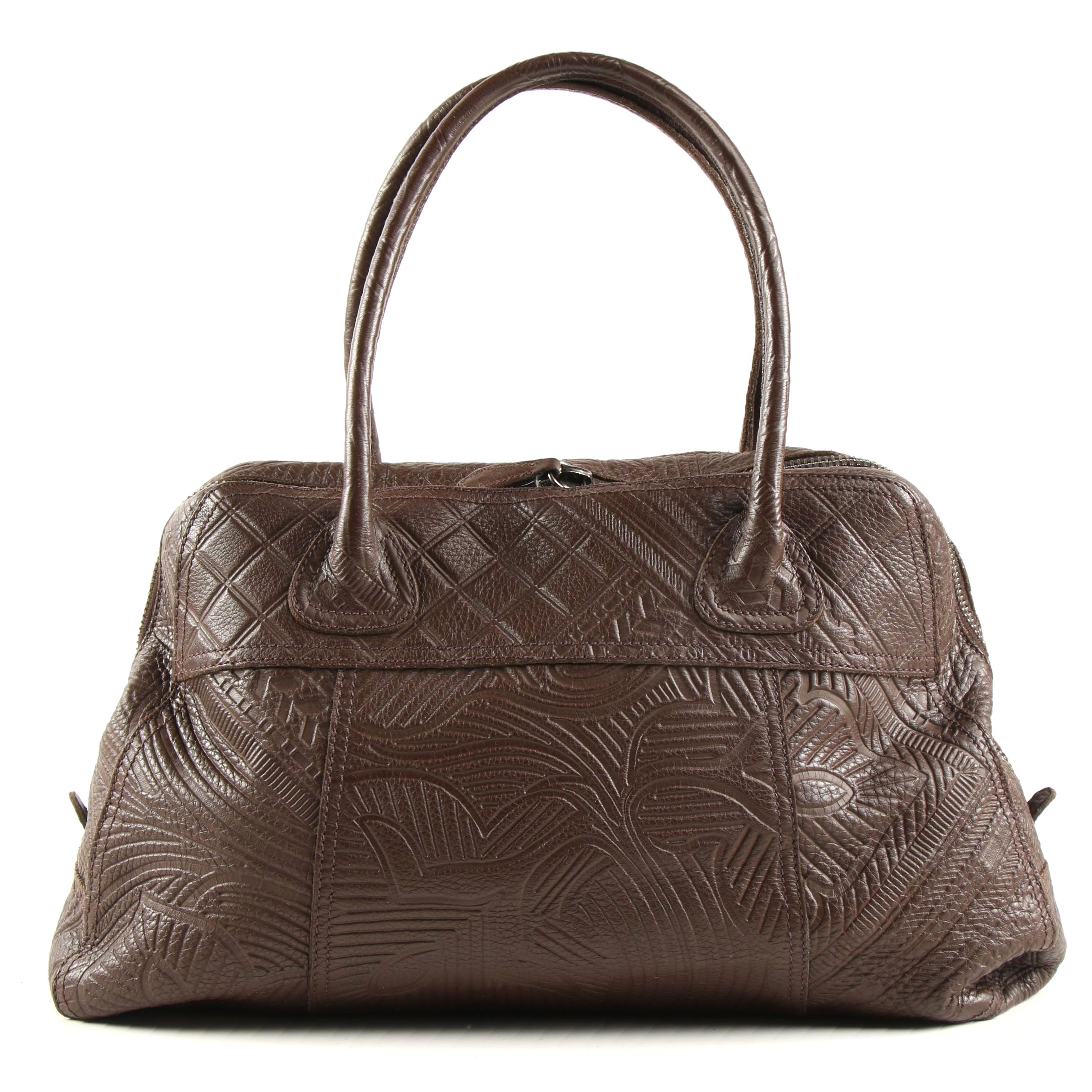 Prada Dark Brown Mixed Pattern Embossed Leather Satchel