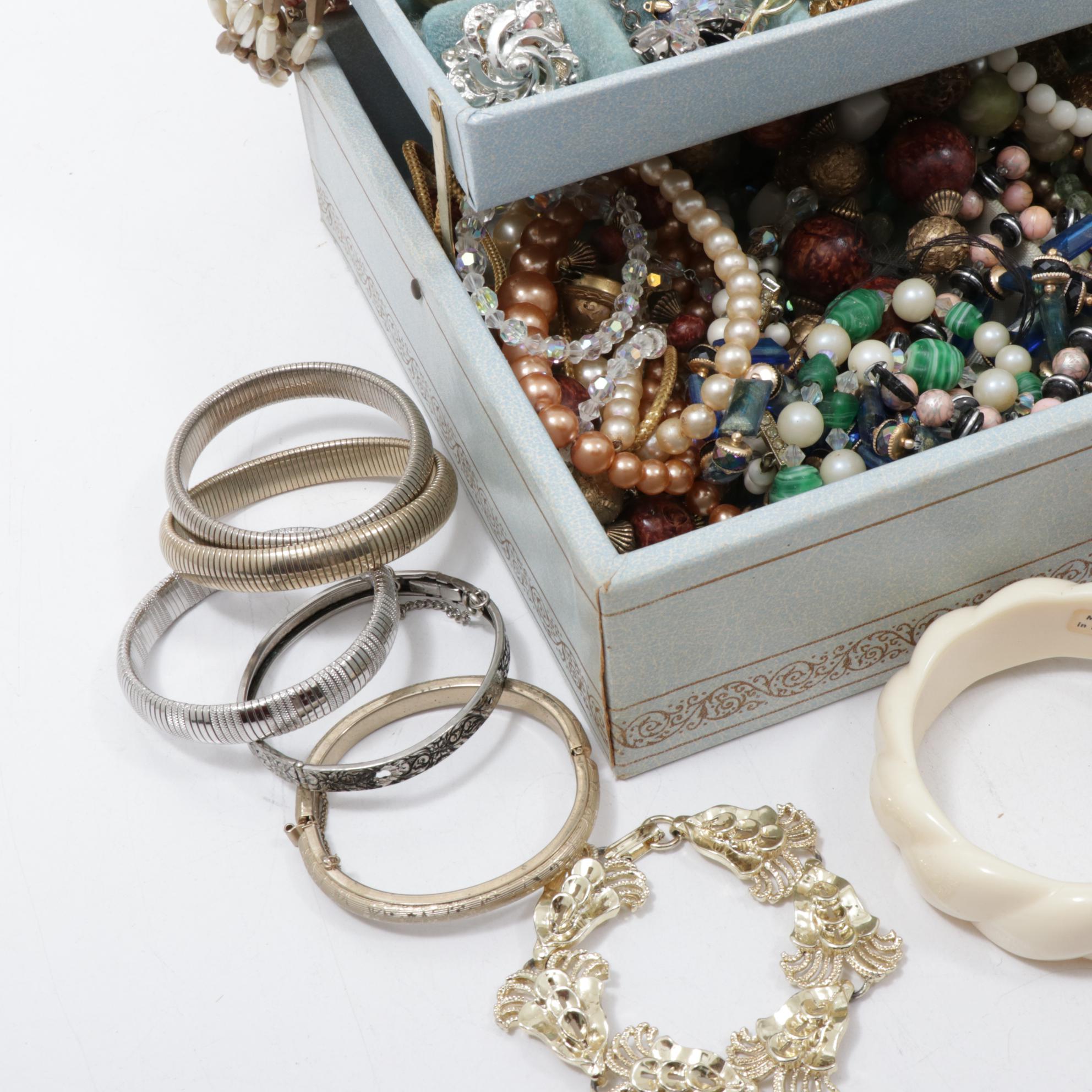 Vintage Jewelry Box with Assorted Costume Jewelry