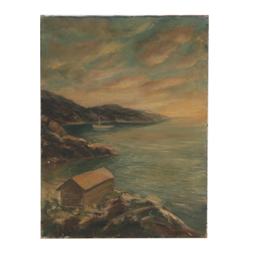 Landscape Oil Painting of Coastal Scene, Mid 20th Century