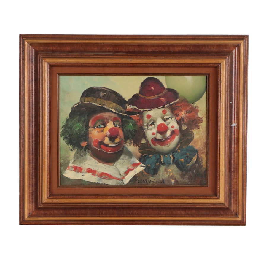 William Moninet Oil Portrait of Clowns, Mid 20th Century