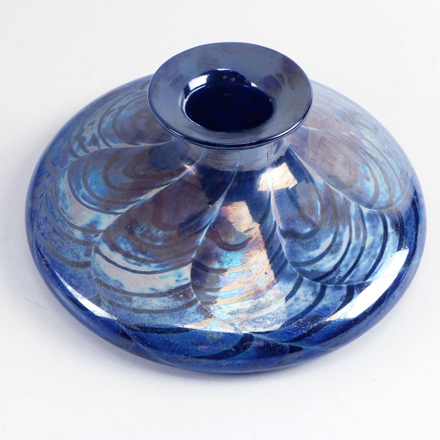 Blown Glass Iridescent Over Cobalt Blue Squat Vase