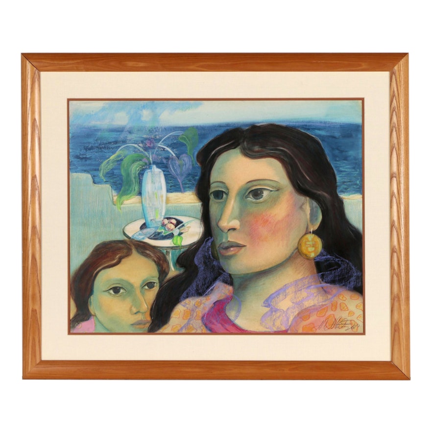 Miguel Martinez Oil Pastel Painting of Mother and Daughter, 1987