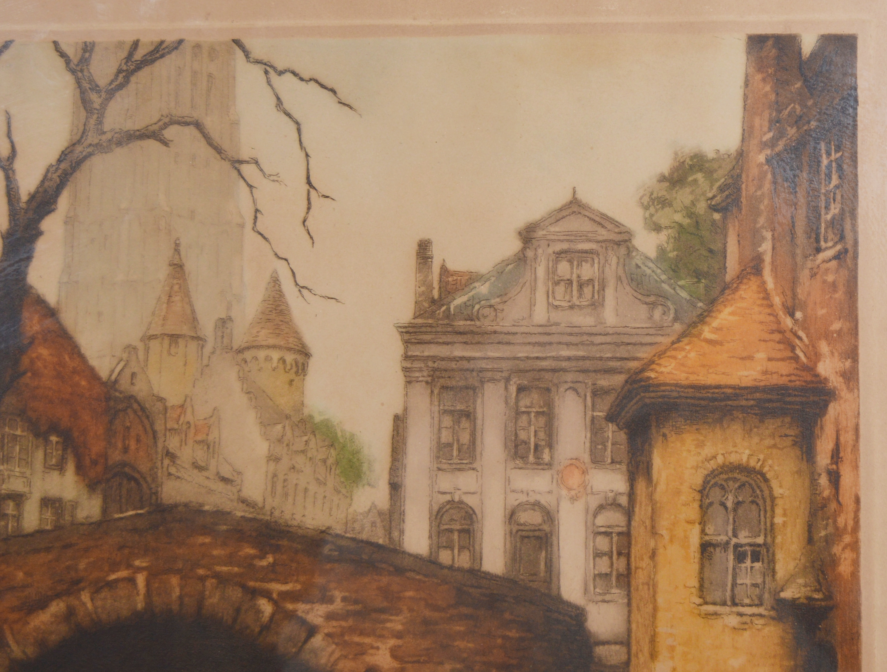 Hand Colored Etching After Alfred Van Neste of Bridge and Canal