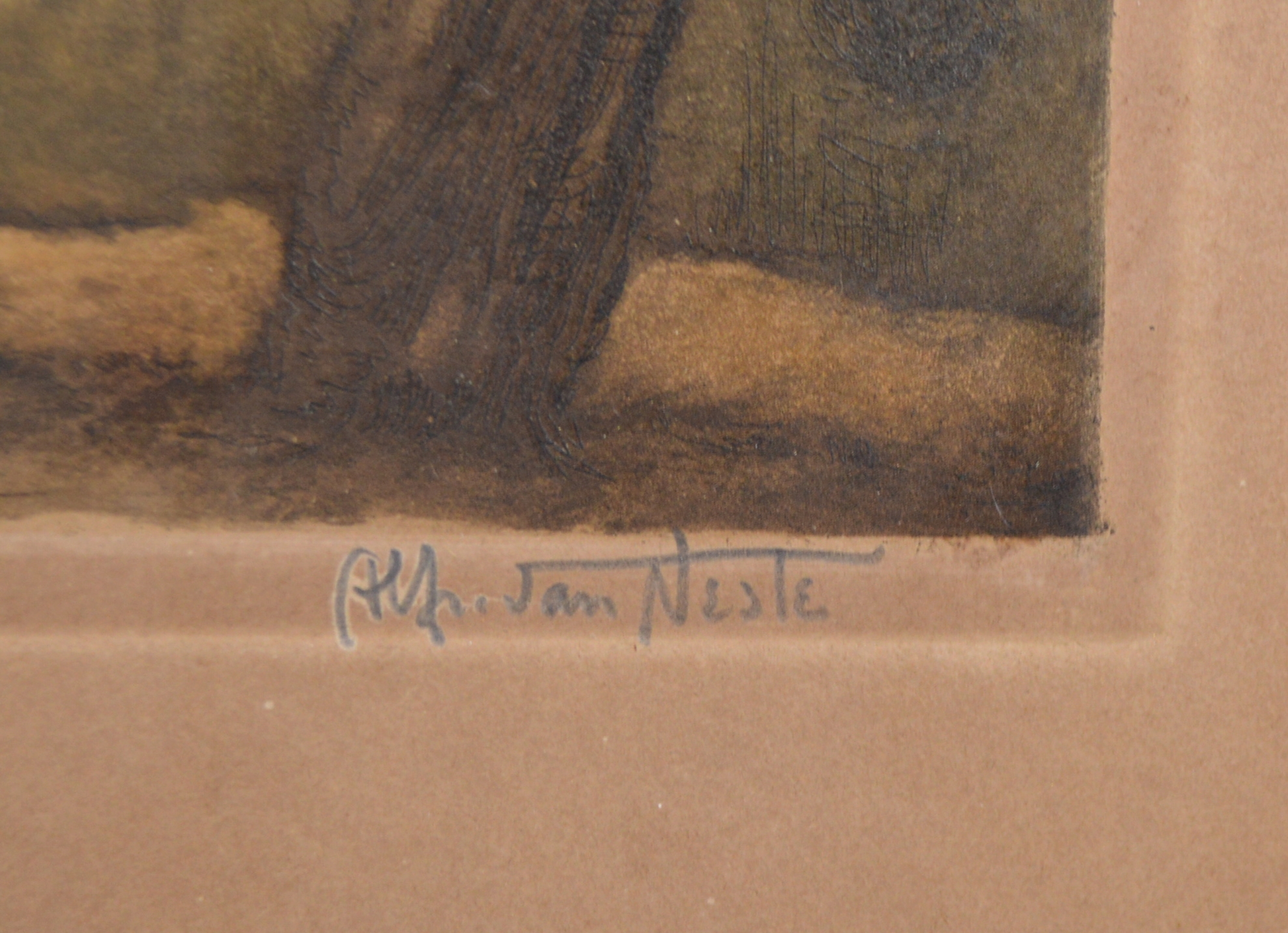 Hand Colored Etching After Alfred Van Neste of Bridge and Canal