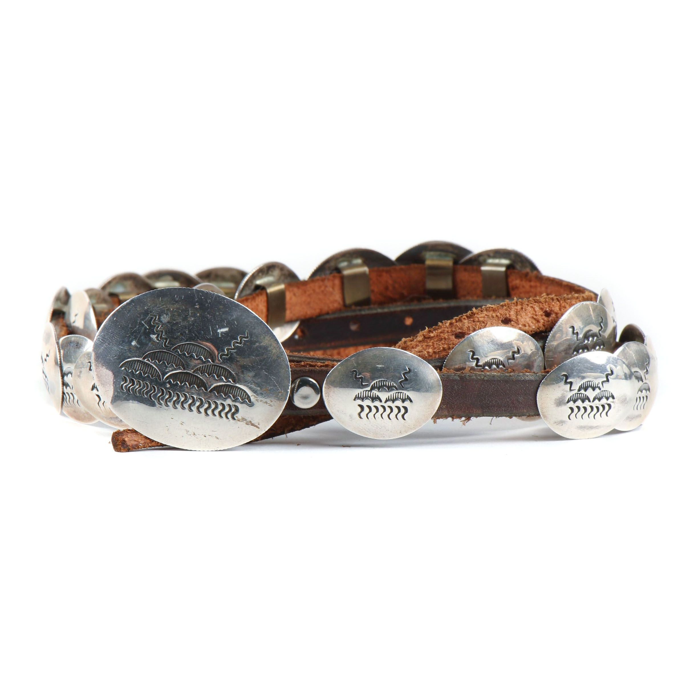 Taos Pueblo Native American Signed Sterling Silver Concho and Brown Leather Belt
