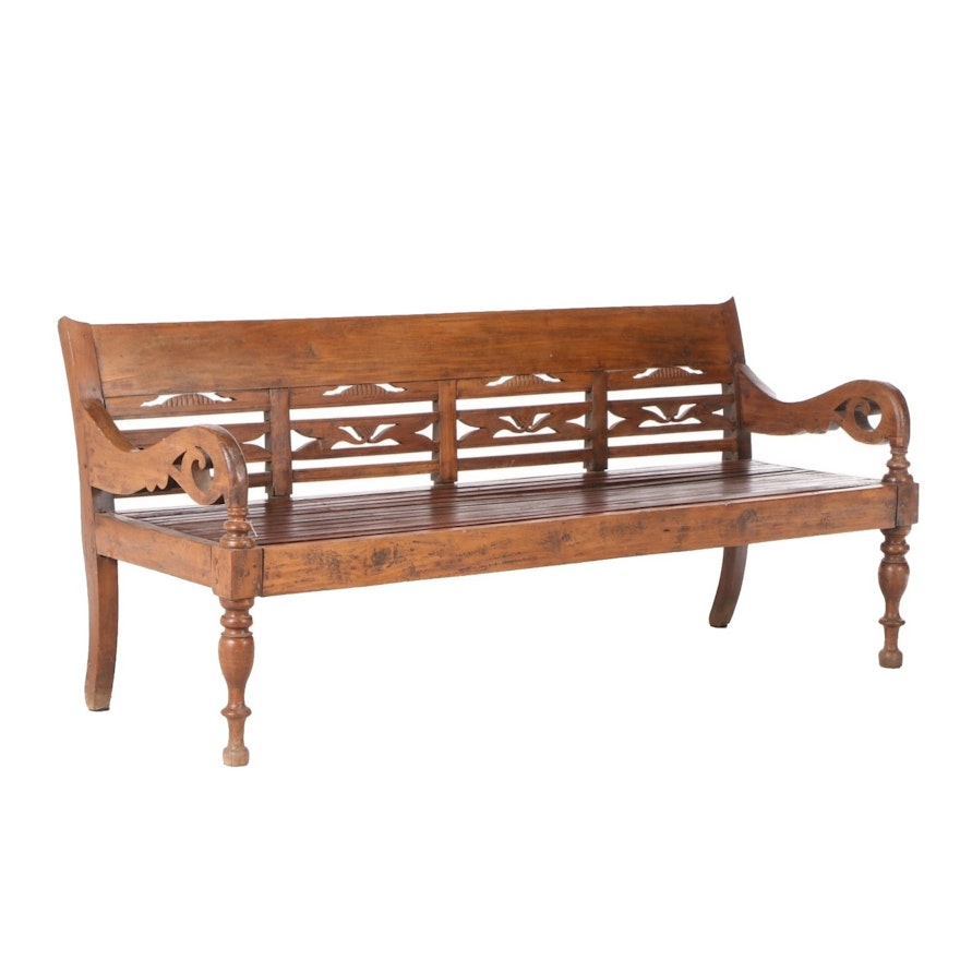 Balinese Carved Hardwood Bench with Custom-Upholstered Cushion