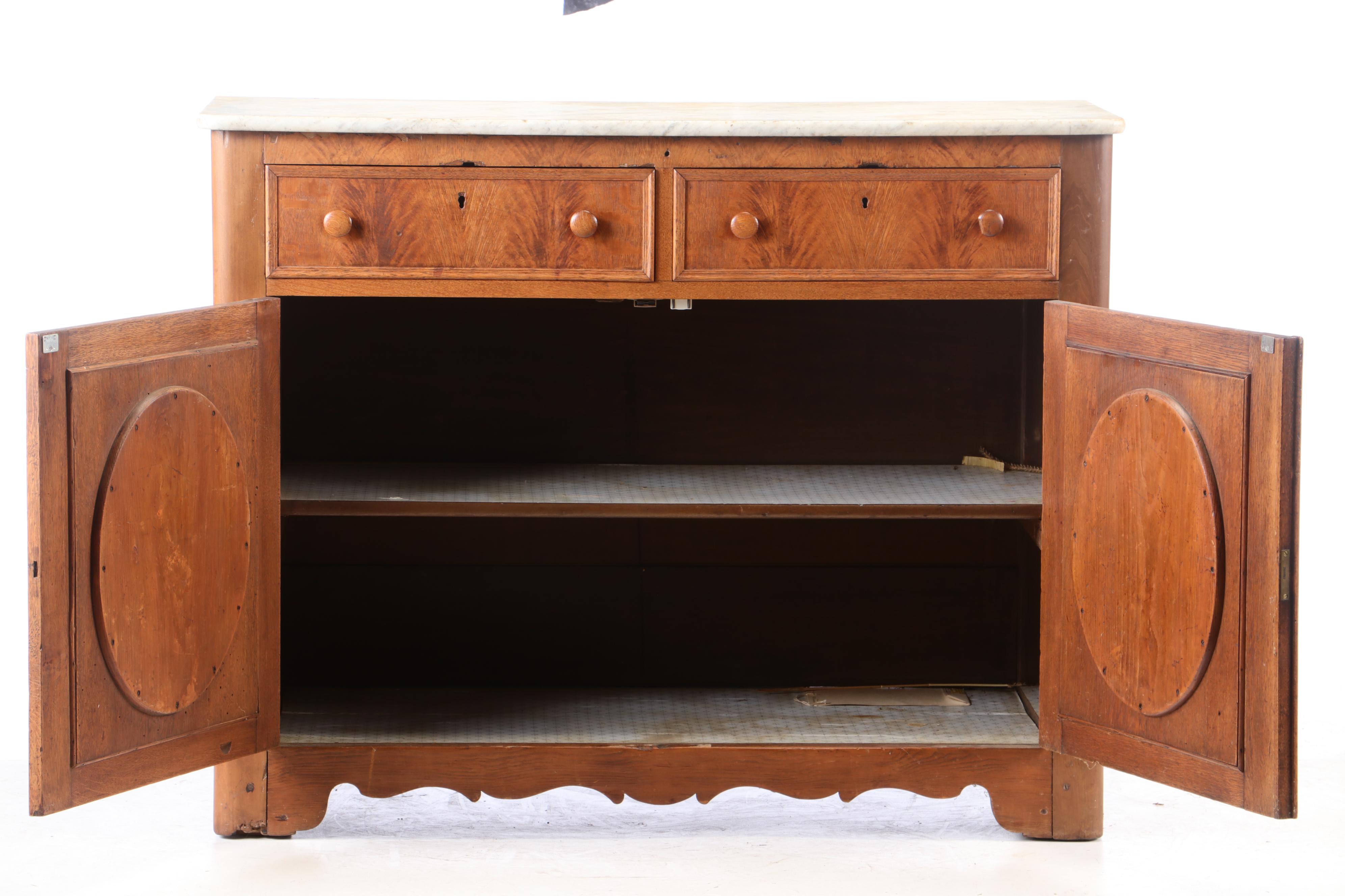 Victorian Walnut Marble Top Buffet Server, Mid-19th Century