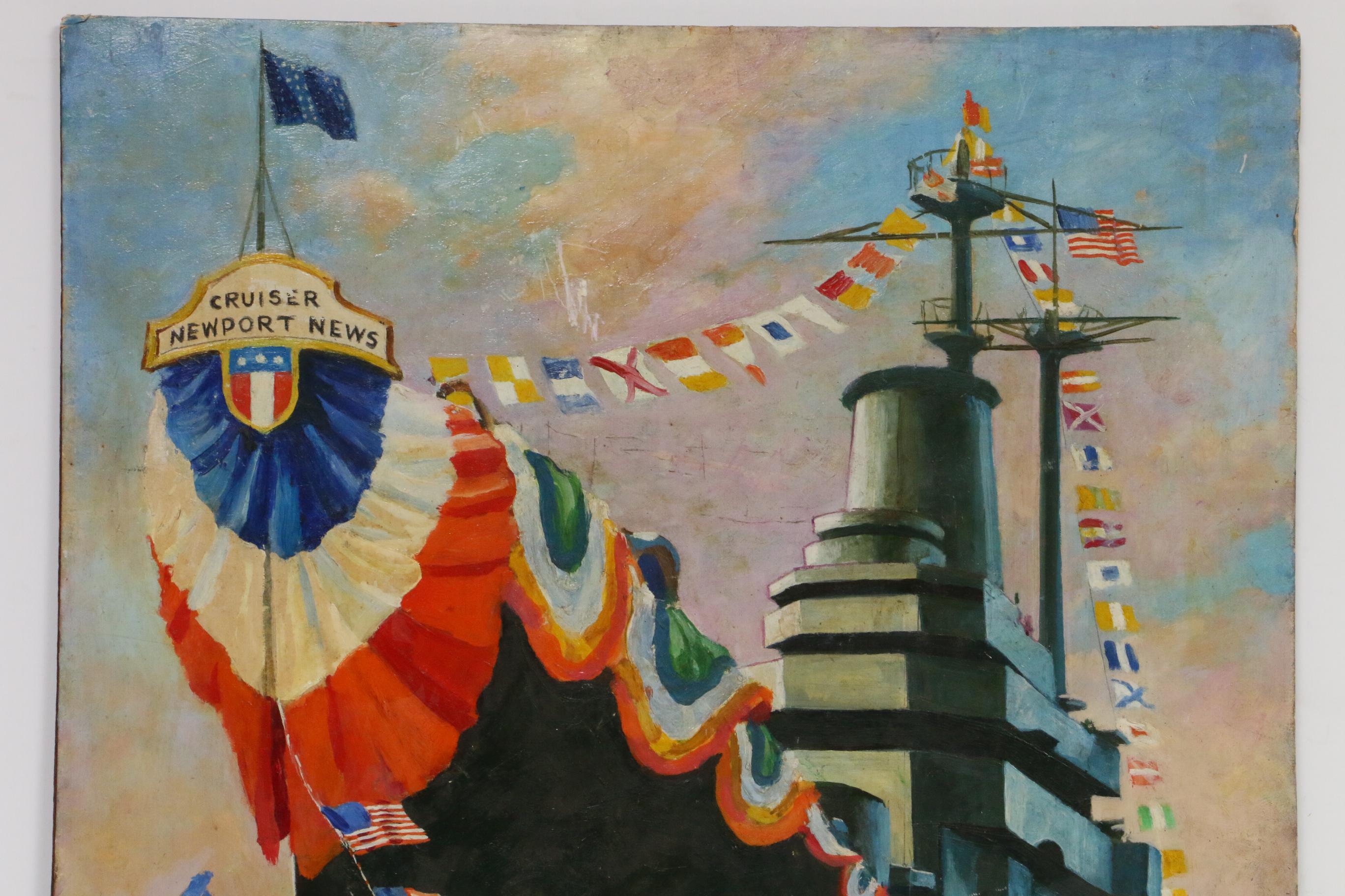 Oil Painting of USS Newport News Christening, Mid 20th Century