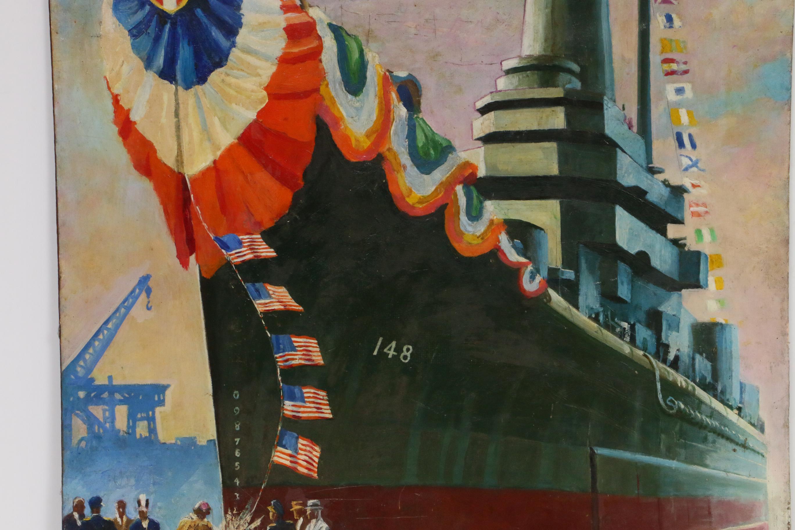 Oil Painting of USS Newport News Christening, Mid 20th Century