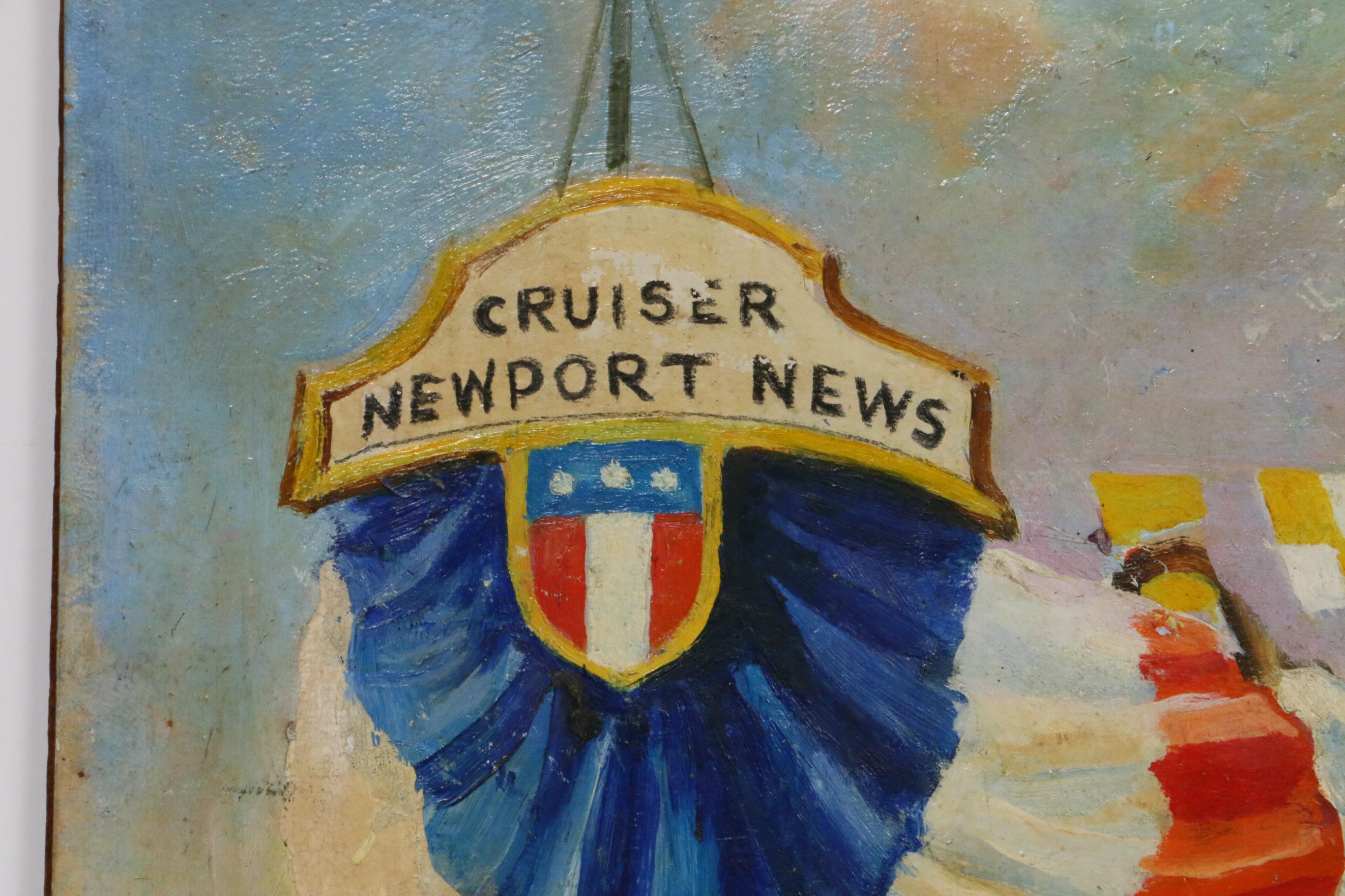 Oil Painting of USS Newport News Christening, Mid 20th Century